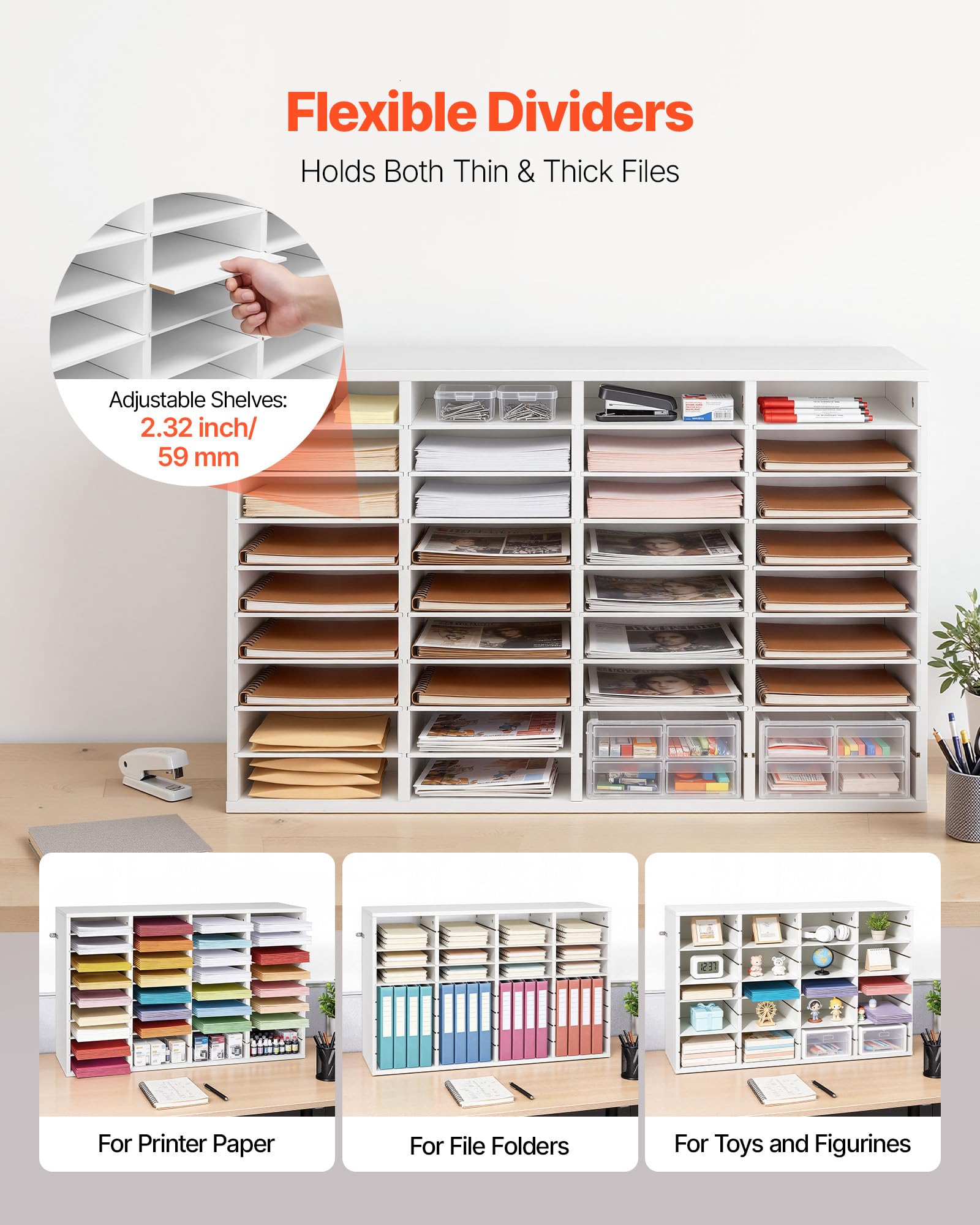 VEVOR Estante de Almacenamiento de Documentos 36 Compartimentos, Organizador de Archivos de Madera 95,7 x 30 x 60 cm, Clasificador de Literatura con Estantes Desmontables para Oficina, Aulas, Blanco