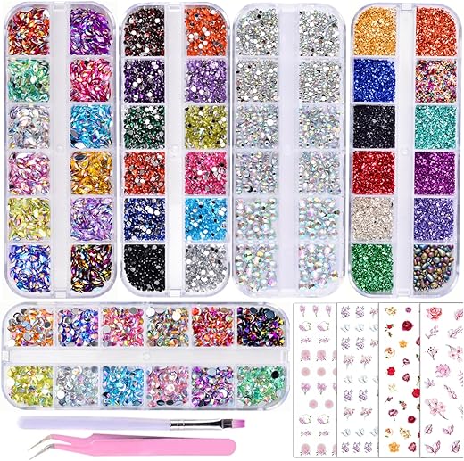 5 Boxes Shiny Colorful Nail Art Rhinestones Kit 3D Flatback Horse Eye Rhinestones Irregular Nail Stone and 4 Sheets Flower Nail Stickers with a Curved Tweezers and a Nail Brush (multicolor)