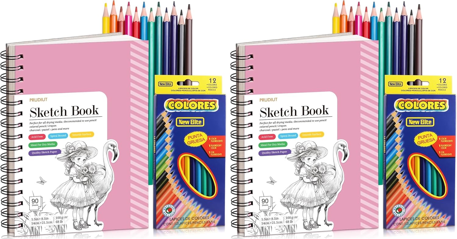Sketch Book with 12 Color Pencil Set, 90 Sheets Spiral Sketchbook for Drawing (68lb/100gsm), Acid-Free Sketch Pad for Kids Artist, Art Paper Drawing Supplies for Gifts(Pink) (Pack of 2)