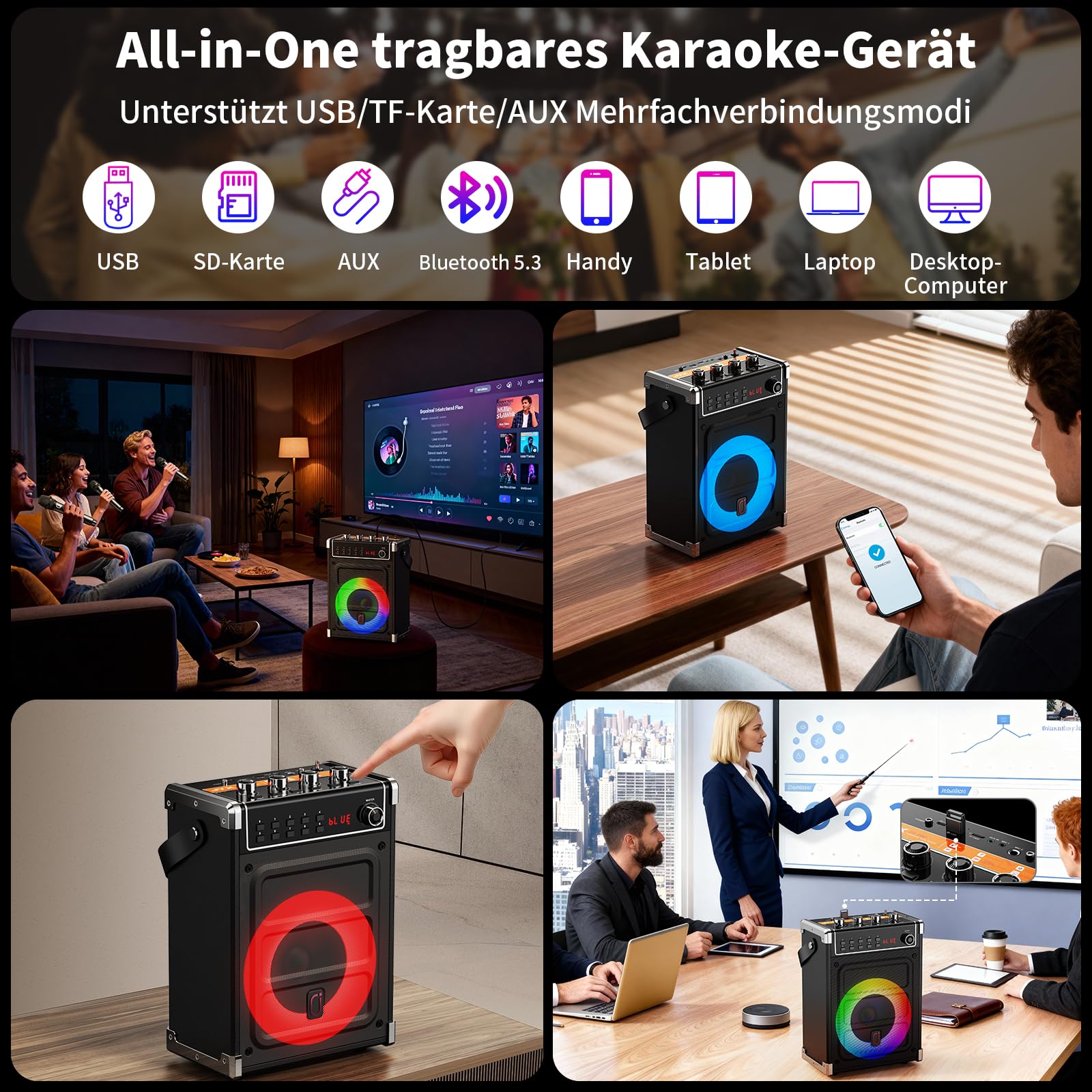 JYX Karaoke Maschine mit 2 Mikrofonen und Fernbedienung, Holzgehäuse,180W Peak, 2" Hochtöner & 6,5" Tieftöner, Bass/Echo/Mikrofonlautstärke einstellbar, TWS/TV, für Familienfeiern,Gartenpartys,BBQ