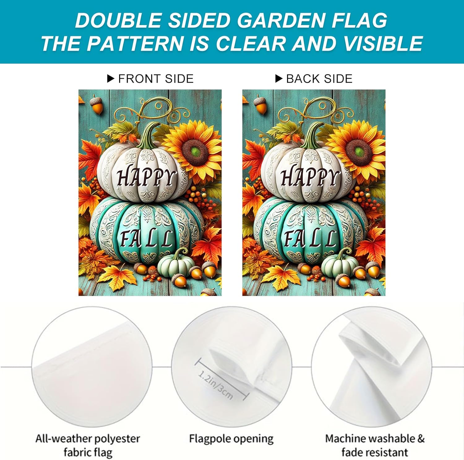 Happy Fall Garden Flag 12x18 Inch Stacked Pumpkins Sunflower Flag Autumn Leaves Seasonal Outdoor Yard Decor House Banner Porch Lawn Patio Home Decoration - Image 4