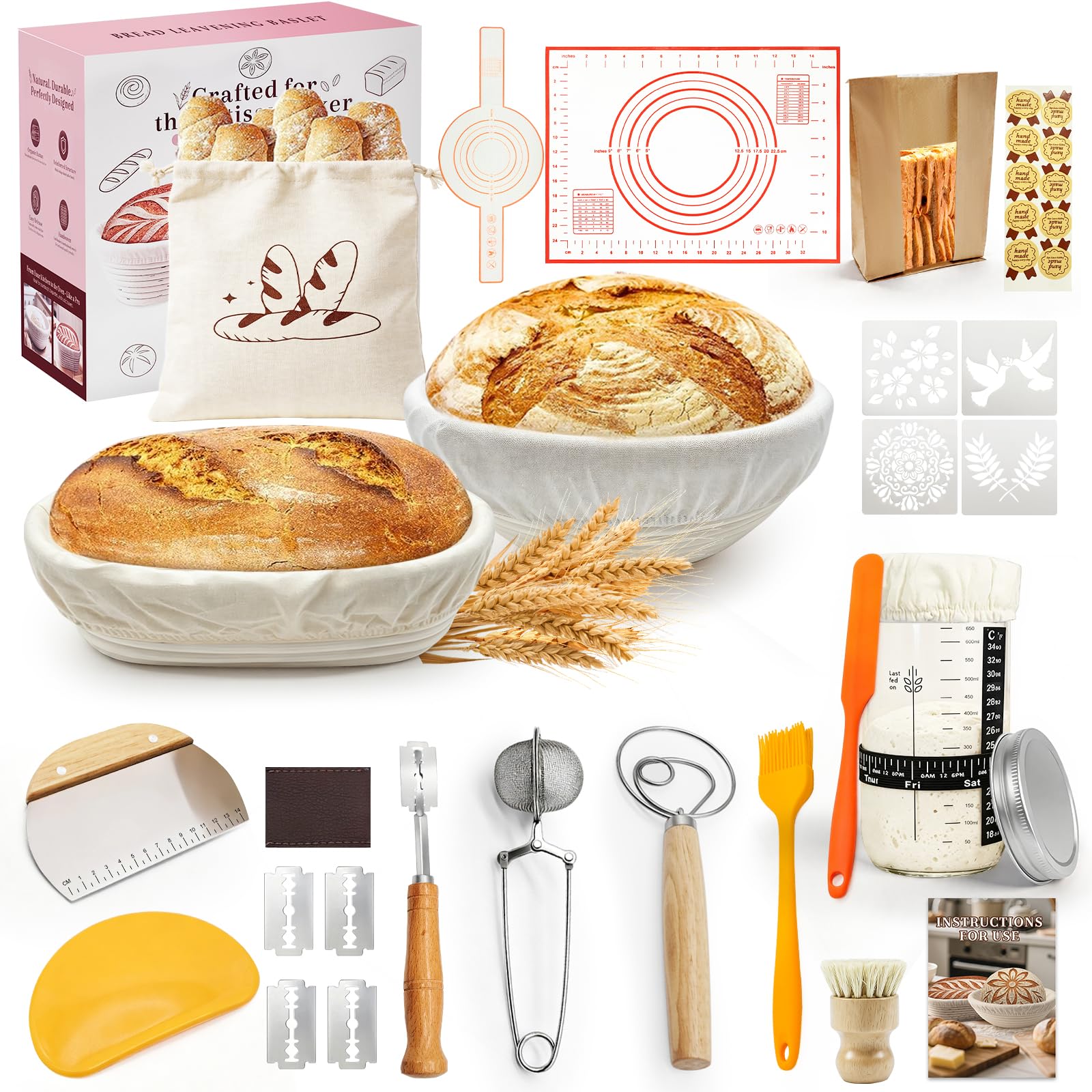 Sauerteig Starter Set mit Gärkörbchen, Brot Backen Zubehör Komplettset, Sauerteig Zubehör für perfektes, Alles für Krustenzauber beim Brot Backen, Ideal für Anfänger & Erfahrene Bäcker