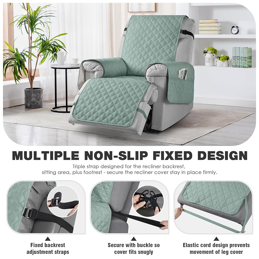 TAOCOCO 100% Waterproof Recliner Chair Covers, Reversible Recliner Covers with Leg Straps, Washable Recliner Sofa Covers for Larger Recliner Furniture Dog Protector with Pocket (Mint, 28'') - image 5