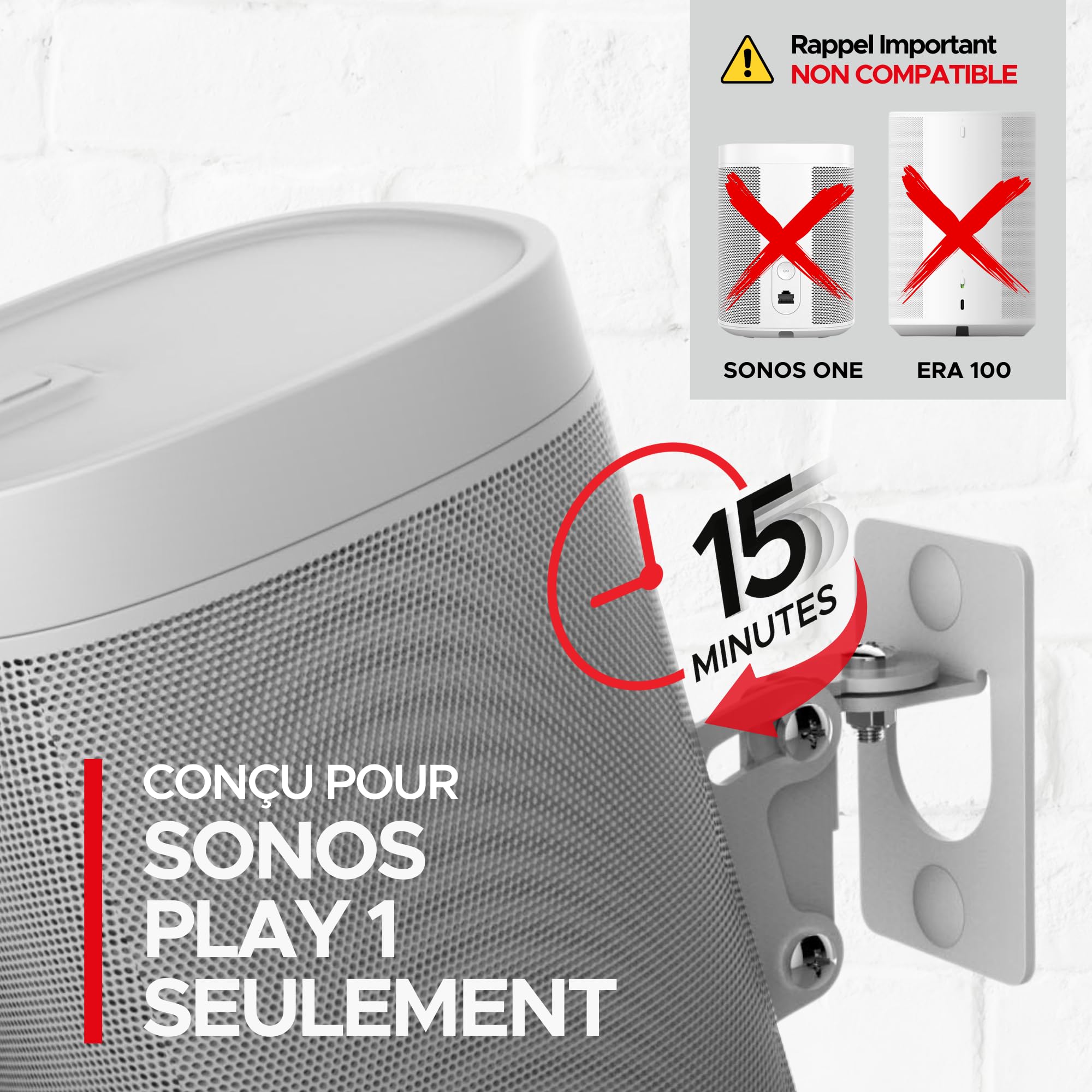 Play 1 Paire de Supports muraux Blanc compatibles avec Sonos Play:1 Uniquement, Lot de 2, mécanisme de pivotement et d'inclinaison réglable, 2 Supports de Montage Comprenant Toutes Les Fixations