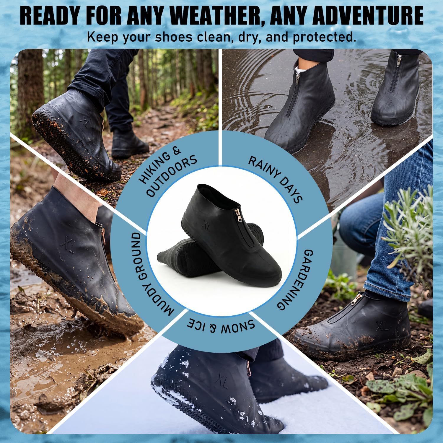 Arrowbash Silicone Waterproof Shoe Covers Reusable Rubber Rain Overshoes with Zipper, Non Slip Galoshes Shoe Protectors for Men Women Washable Protection(Black,XL (women 11-13, Men 9.5-13))
