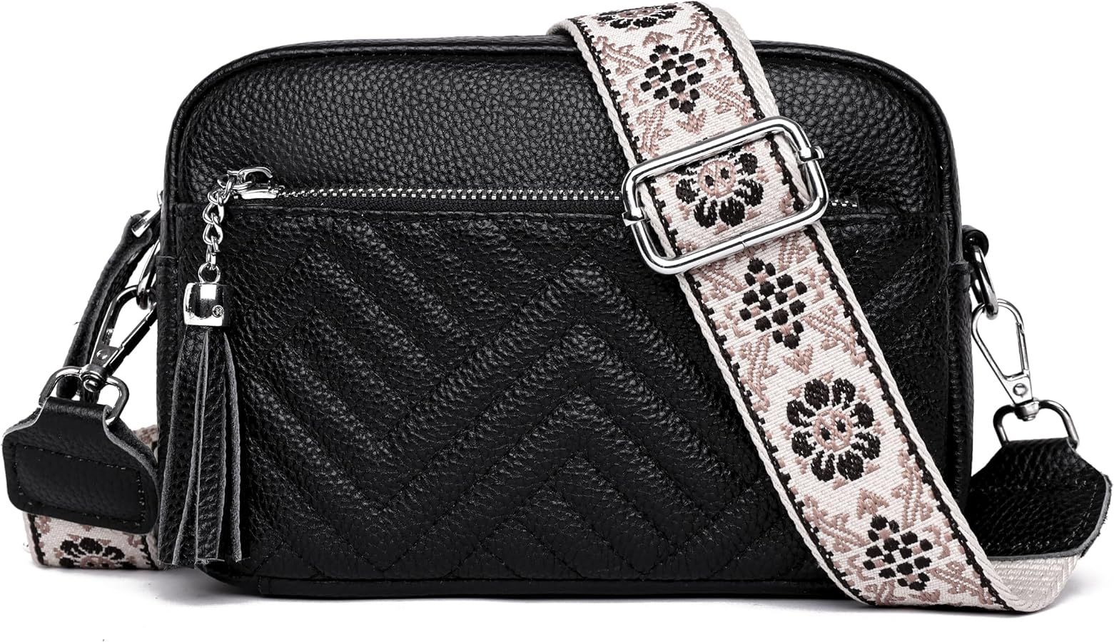 GSenhui Borsa A Tracolla Donna In Pelle PU Con 3 Scomparti - Piccola Borsa A Spalla Regolabile, Stile Eaves, 27x16x10 Cm, Nero