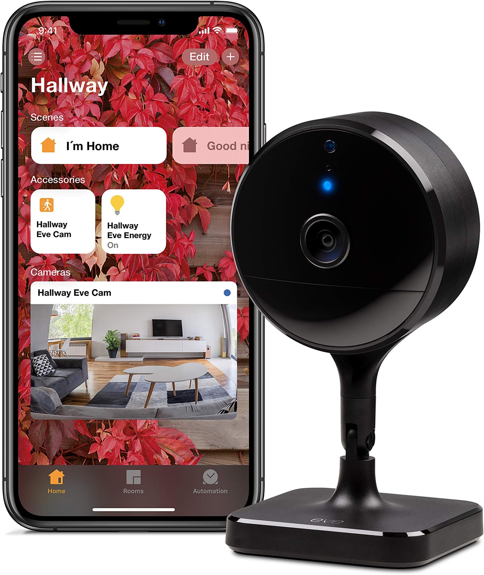 EveCam – Secure Indoor Camera, 100% privacy, HomeKit Secure Video, iPhone/iPad/Apple Watch notifications, motion sensor, microphone and speaker, people/pet/vehicle recognition, flexible installation