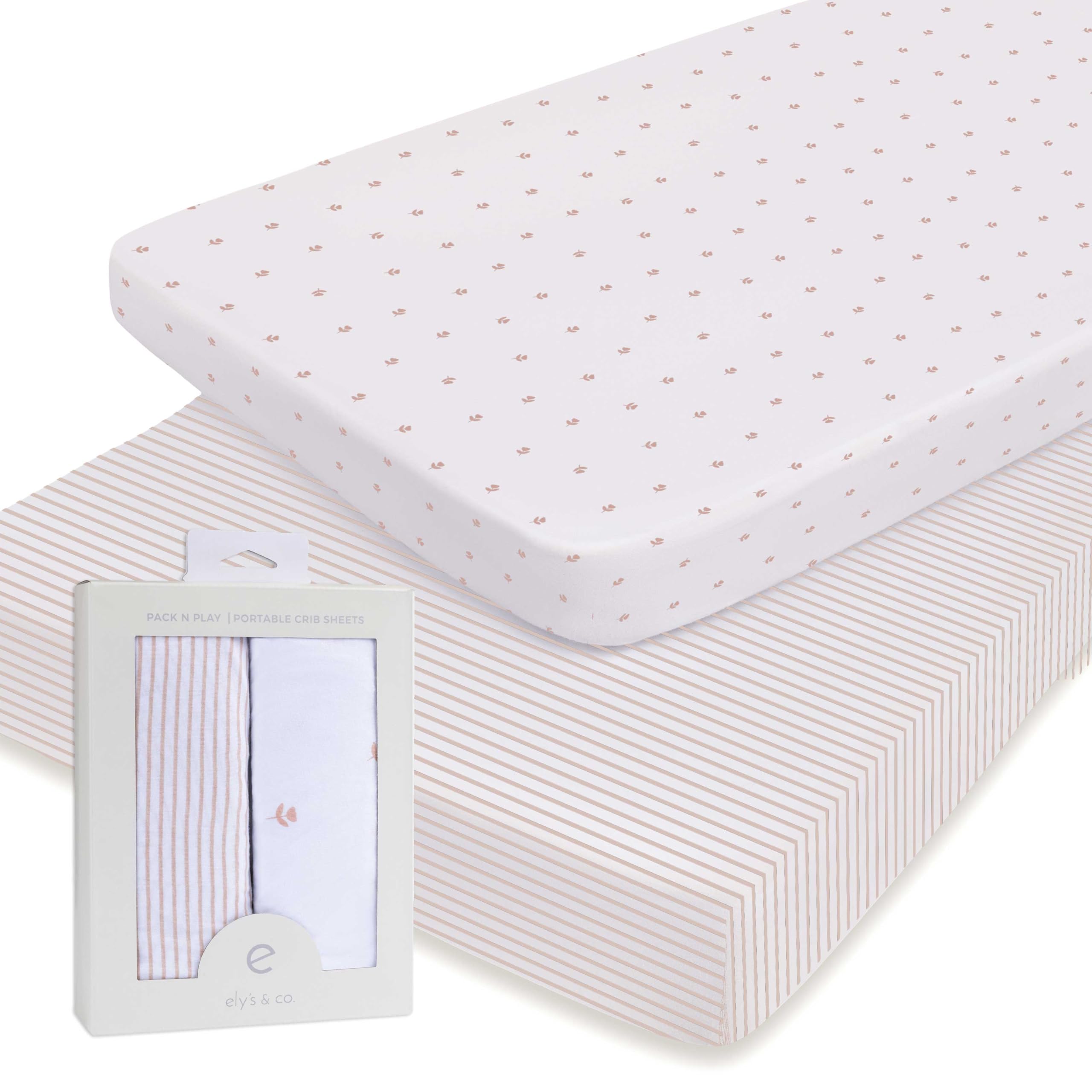 Pack and Play Sheet 2 Pack - Pack and Play Sheets Fitted with 100% Jersey Cotton - Pack N Play Mattress Sheets for Boys and Girls, Newborn Essentials (Pink Tulips & Stripes)