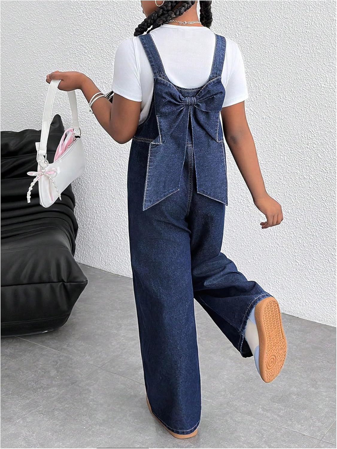 WDIRARA Girl's Denim Overalls Sleeveless Cute Bow Knot Wide Leg Jean Jumpsuit