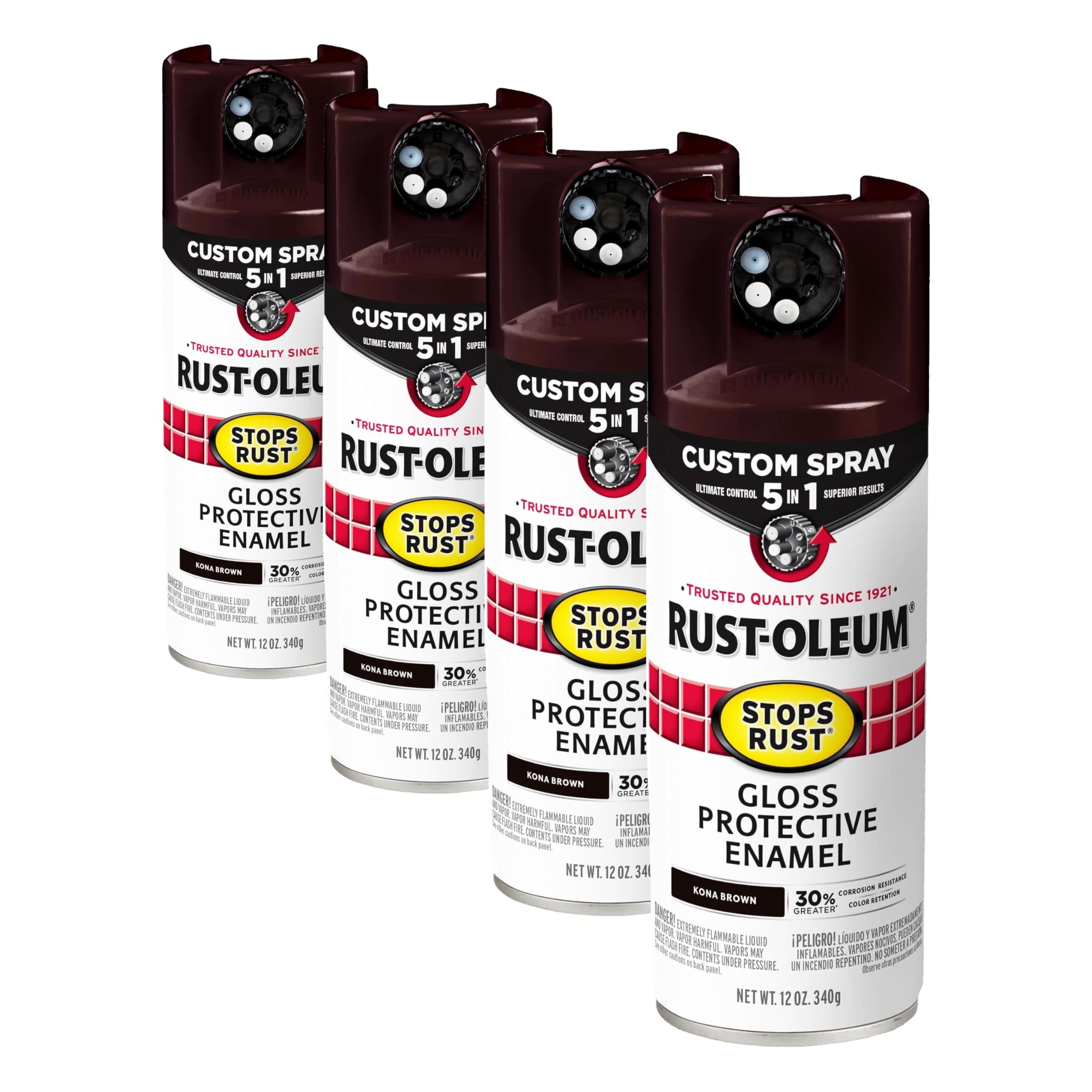 Rust-Oleum 376903 Stops Rust Custom Spray 5-in-1 Spray Paint, 12 oz, Gloss Kona Brown (Pack of 4)