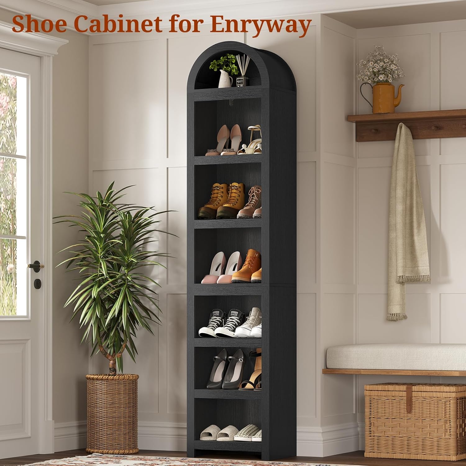 76" Tall Narrow Arched Bookcase,7-Teir Mid-Century Modern Bookshelf,Adjustable Shelves offering More Storage Space for Living Room,Kitchen,Home Office,Black - Image 6