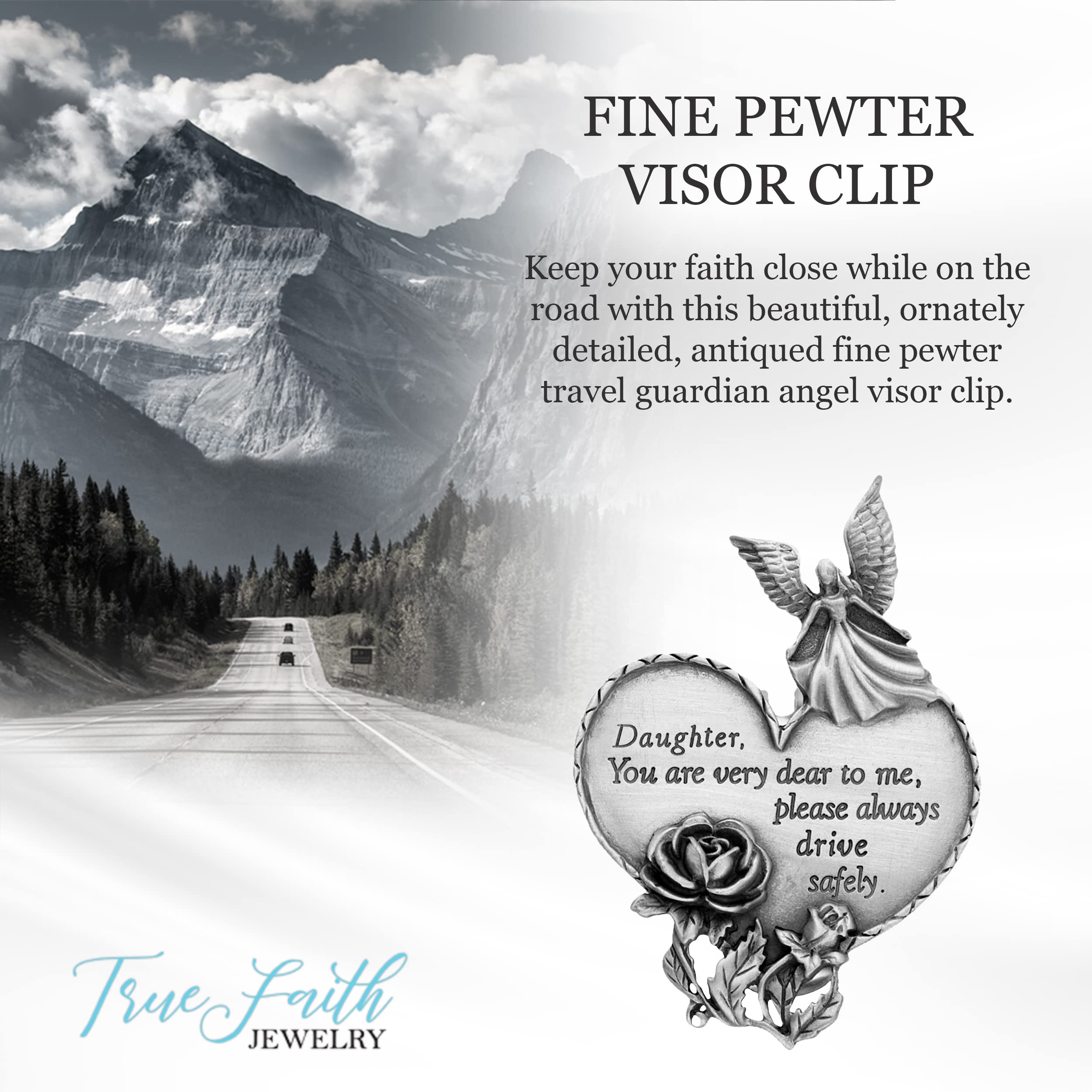 True Faith Jewelry Pewter Daughter Drive Safely Heart Car Guardian Angel Visor Clip, New Driver Gifts from Mom and Dad, Fine Pewter (92% Tin), 3-7/8 x 1-7/8 Inch