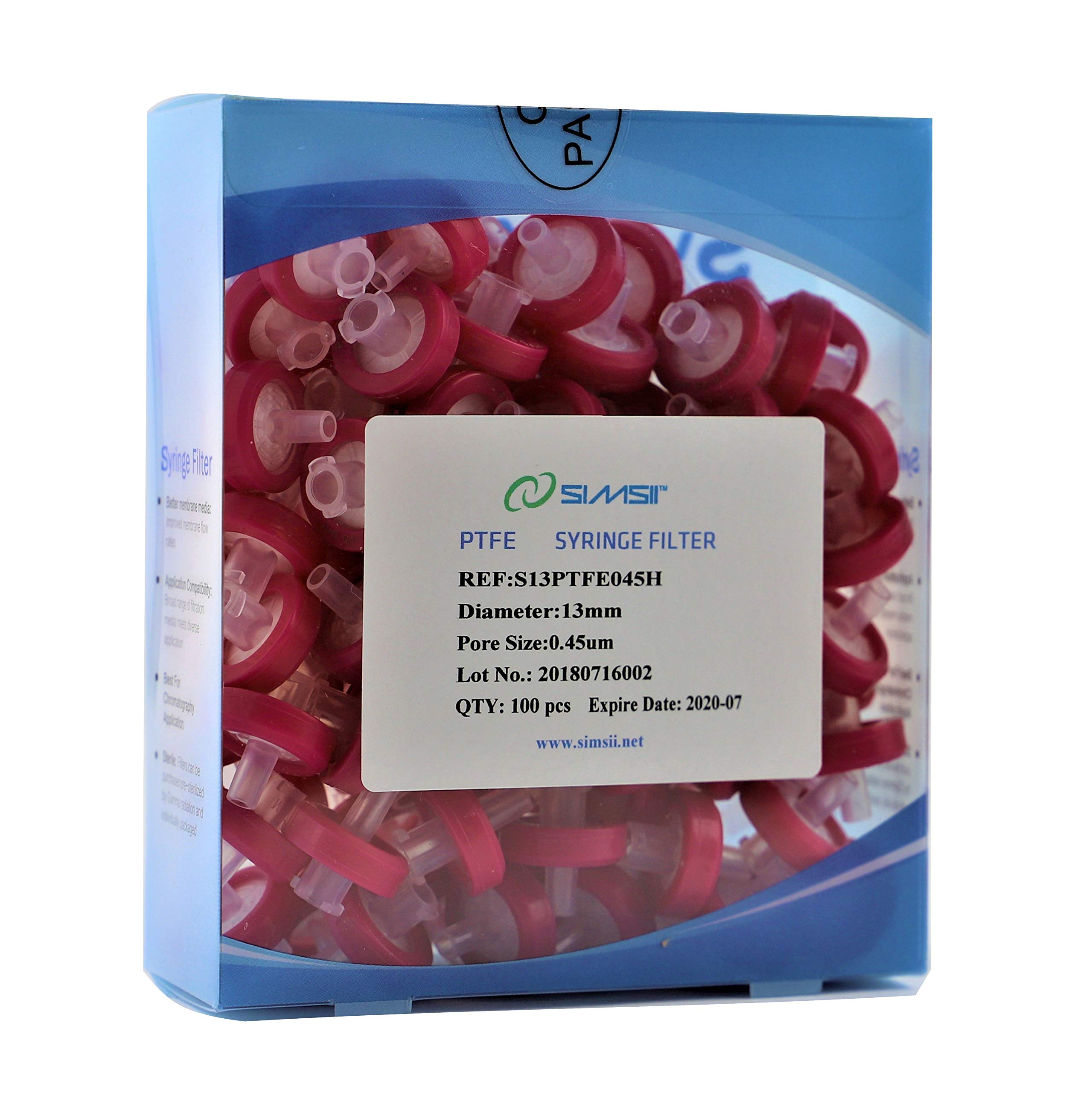 Simsii Syringe Filter, Hydrophobic PTFE Membrane Disc, Diameter 13 mm, Micron Pore Size 0.45 mm, 100/pack