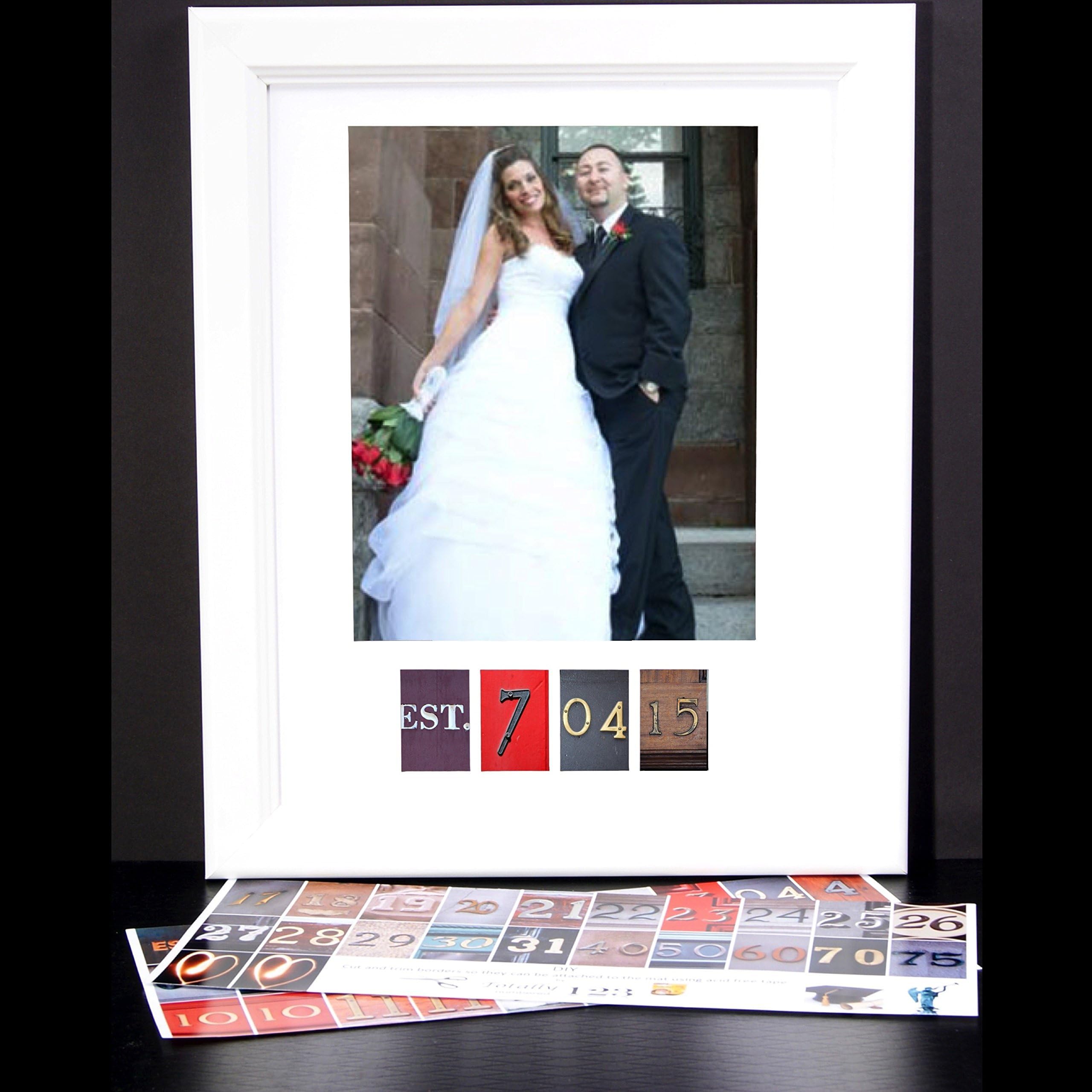 Creative Letter Art Dated Bride & Groom 8 by 10 inch Portrait with DIY Unique Personalized Color Number Photographs, Cut and Tape- Including Our 11 by 14 inch Self Standing Frame w/Hanger