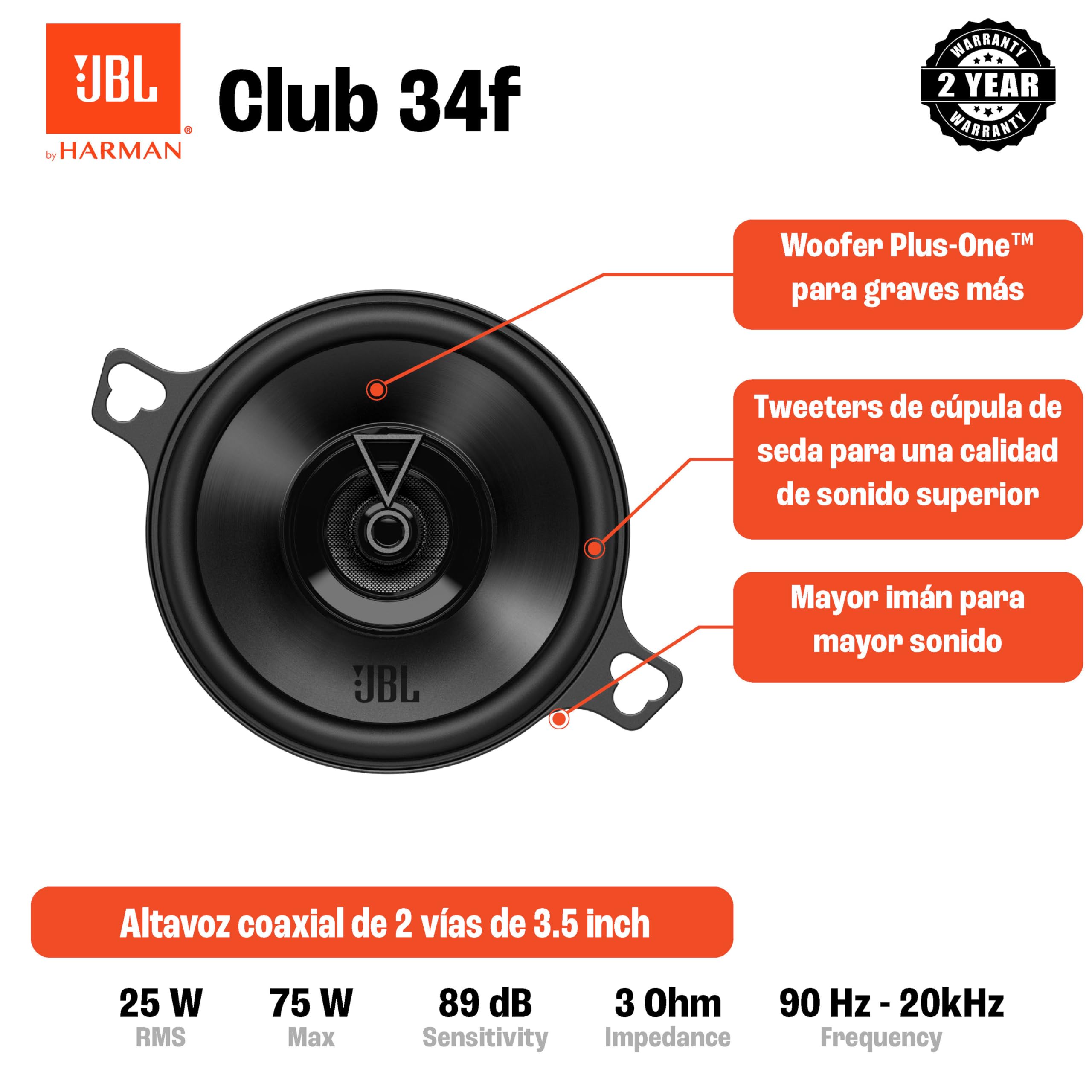 Altavoz JBL Club 34F Gen 3 - Altavoces Coche de 9cm de Harman Kardon para una Actualización Superior de Parlantes - 75W Máx, Alta Sensibilidad, Graves Intensos y Respuesta de Las Agudas Impresionante