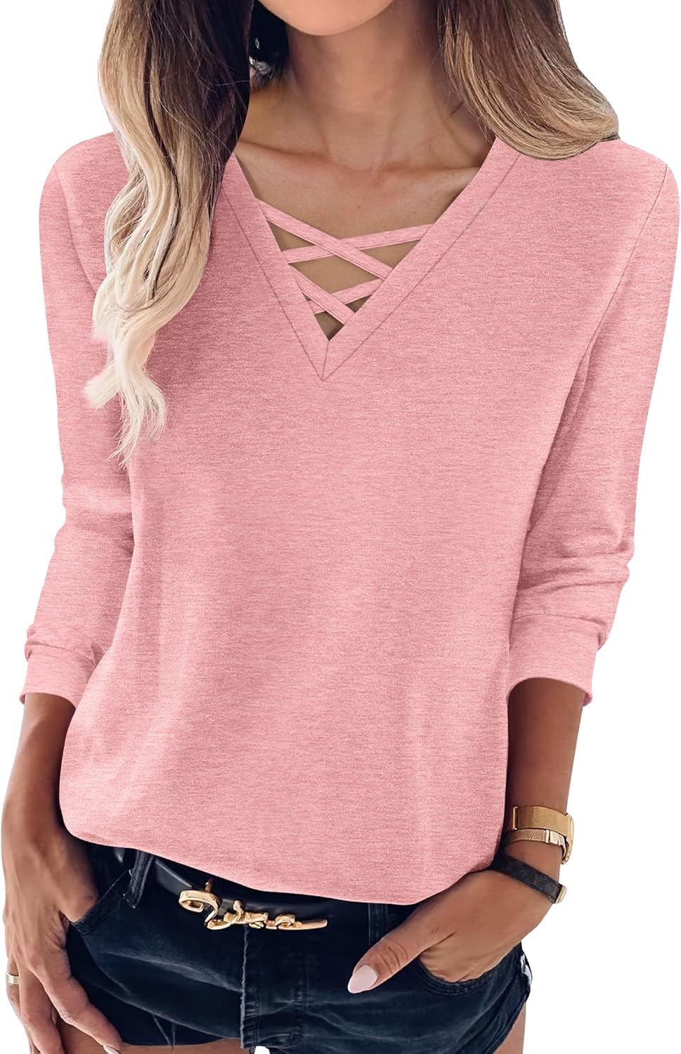 ANRABESS Womens Long Sleeve Shirts V Neck Criss Cross Loose Fit Tops 2025 Fall Trendy Tees Dressy Casual Blouses T-Shirts