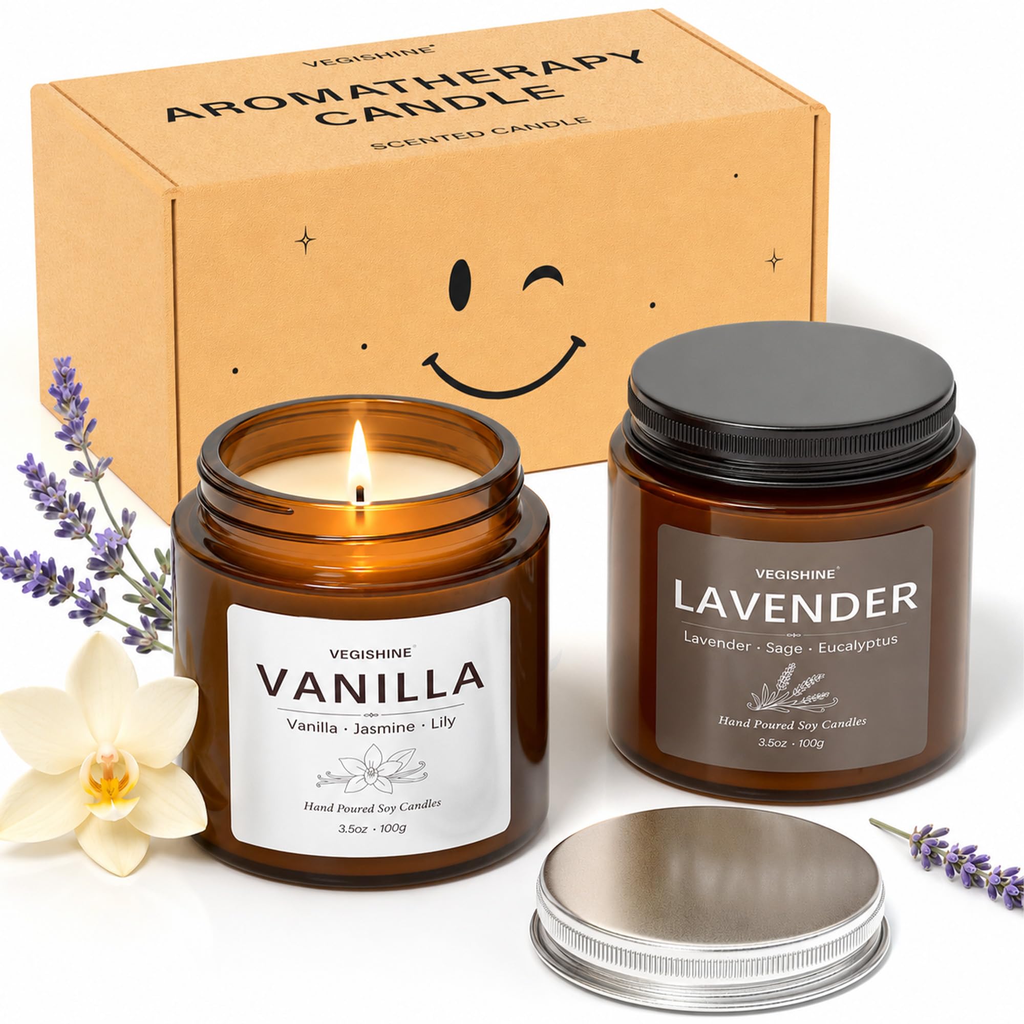 VEGISHINE Scented Candles, 2 Pack Candle Gift Set, Vanilla & Lavender Soy Candles, Birthday Christmas Candle for Women and Men, Home Fragrance Candle Set
