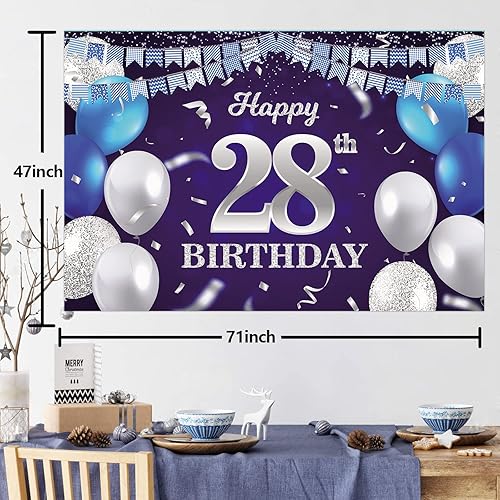Miniatura 2 de Cartel de feliz cumpleaños 28 años, globos azul marino, bandera de confeti a rayas, puntos de luz, saludos a 28 años, decoración temática para