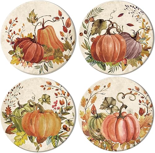Whaline Posavasos de otoño de Acción de Gracias, vintage, hojas de calabaza, posavasos absorbentes de cerámica natural, posavasos retro para tazas,