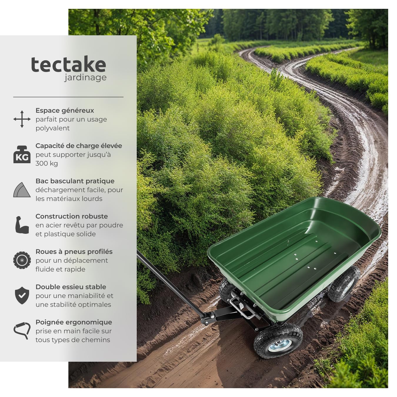 tectake® Chariot à roulettes Tout-Terrain Brouette Jardin 4 Roues avec Benne basculante Capacité Max. 300kg Chariot à roulettes de Jardin Jardinage Charette pour Transport Sable, Bois