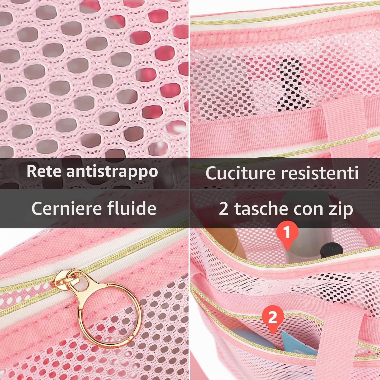 Borsa Bagno Campeggio, Borsa Doccia Portatile, Borsa Rete Rapida Asciugatura, Impermeabile, con Cerniera per Viaggio, Piscina, Spiaggia (Rosa)