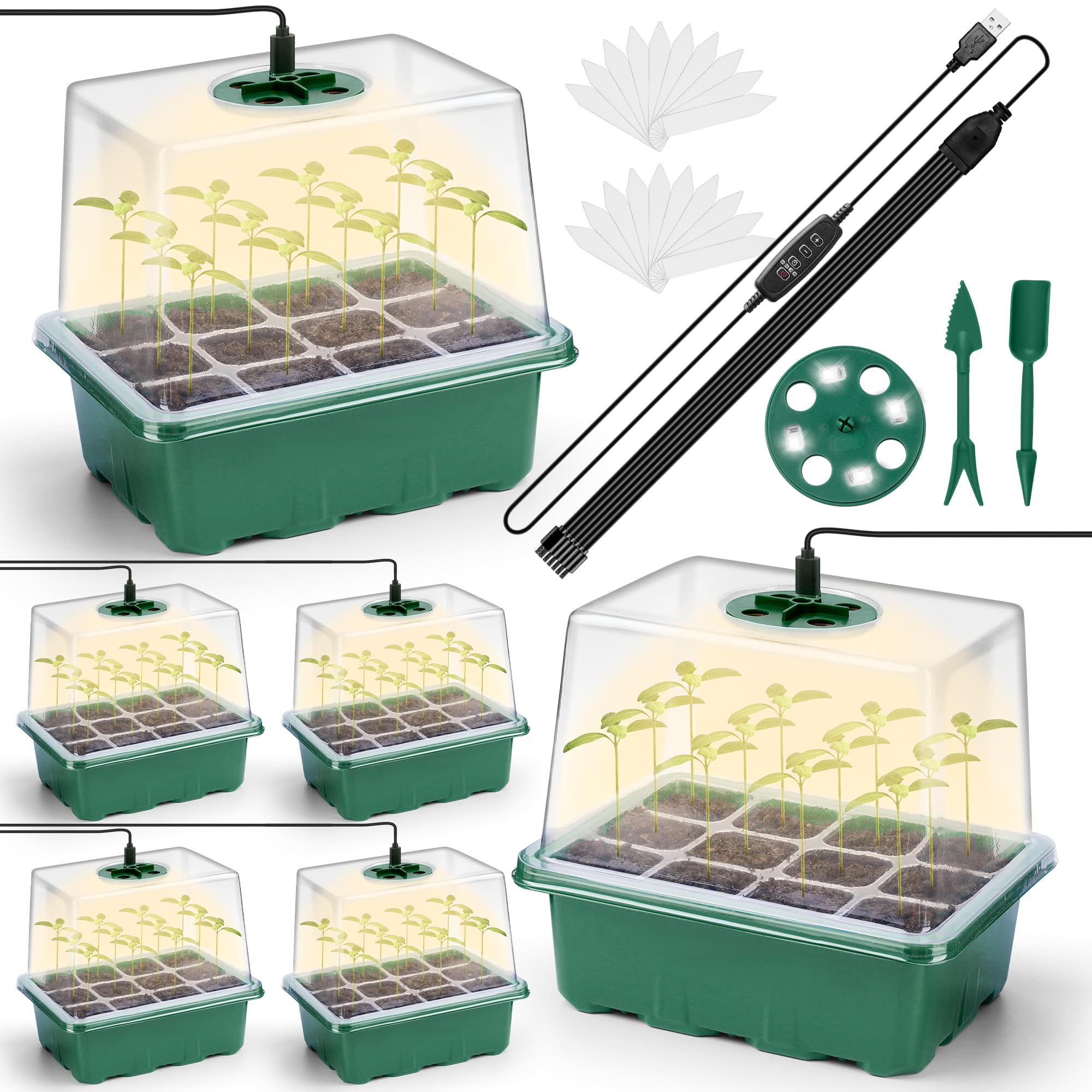 SUNXIZ 6 Pcs Seed Trays with Grow Light for Plants Heated Propagator with Heighten Lids Humidity Domes Thicken Seedling Trays with LEDs Full Spectrum Lights for Plants Indoor Greenhouse Garden
