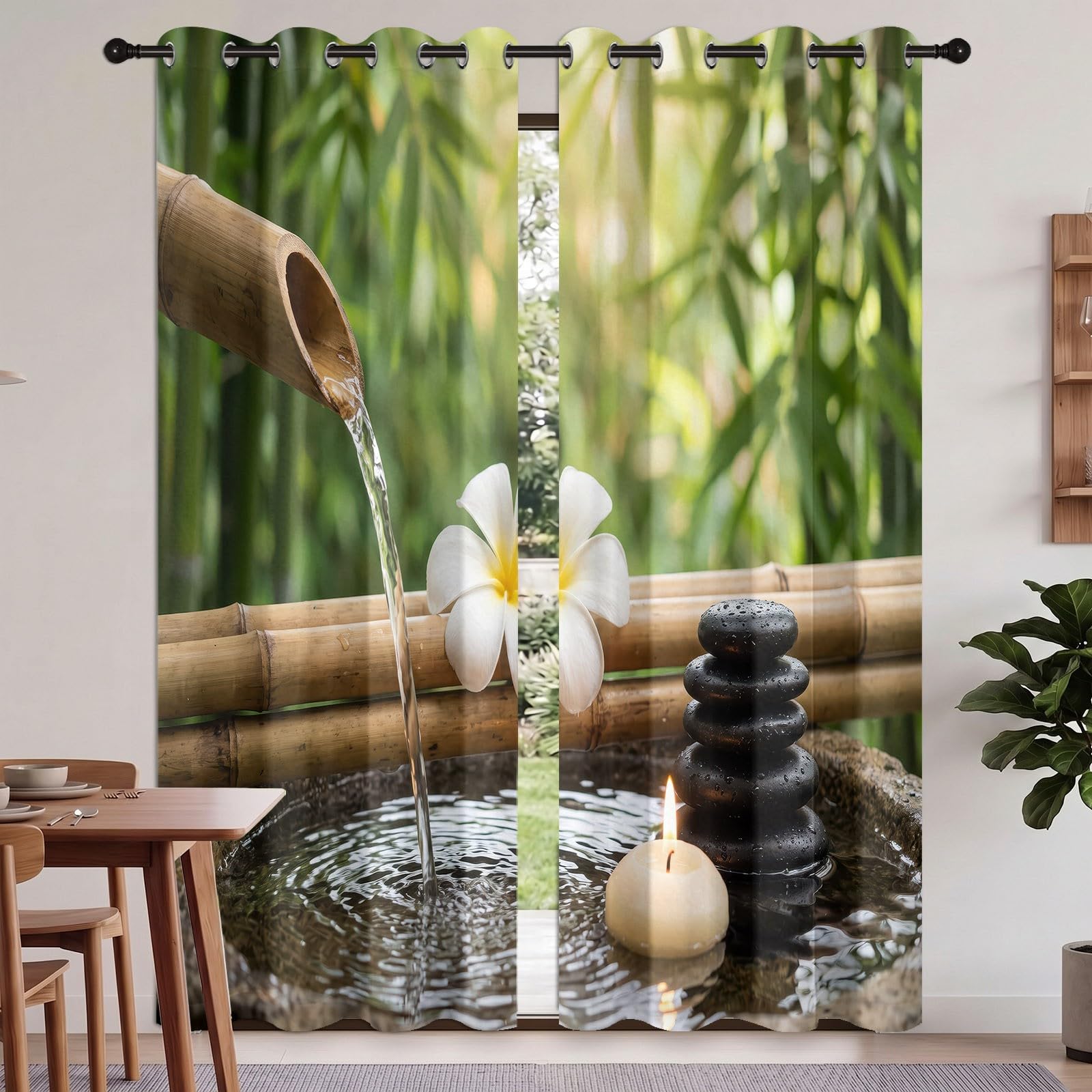 Générique Lot de 2 Rideaux à Japonais 110L X 215H cm (2 Panneaux), Rideau Occultant Motif Zen Spa Vert, Rideaux Thermiques à Oeillets Décoration pour Salon Chambre Salle à Manger