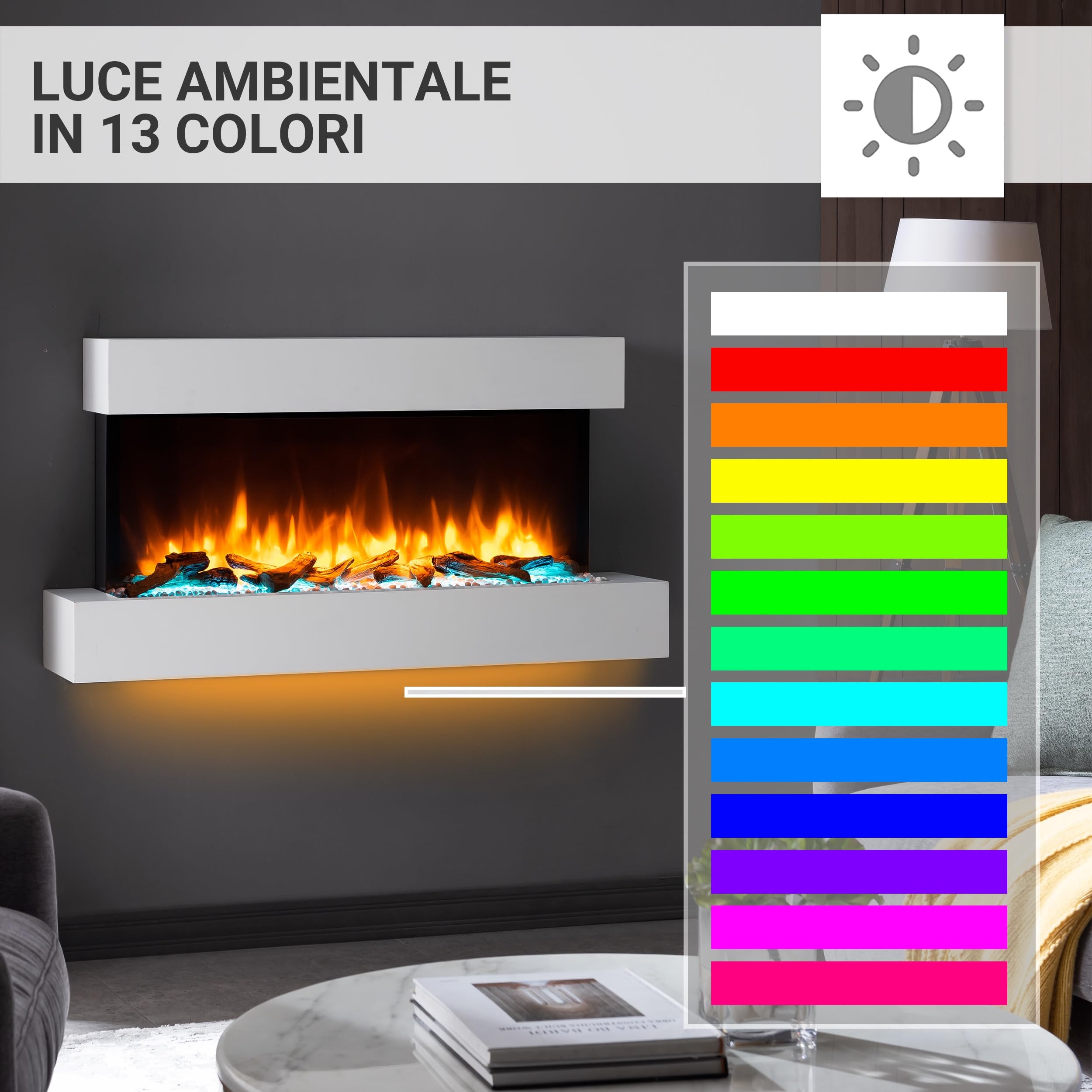 BALDERIA Camino Elettrico da Parete | Caminetto con Effetto Fiamma 3D | Riscaldamento 2000 W | Focolare Sospeso con Telecomando, Timer, Termostato | Bianco