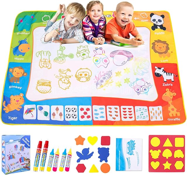 Omew Water Doodle Mat, Water Drawing Painting Mat Larger Size 120 X 90cm Mess-Free Water Magic Mat with 6 Magic Pens, 8 Stamps, 1 Mould and 1 Drawing Booklet for Kids Boys Girls