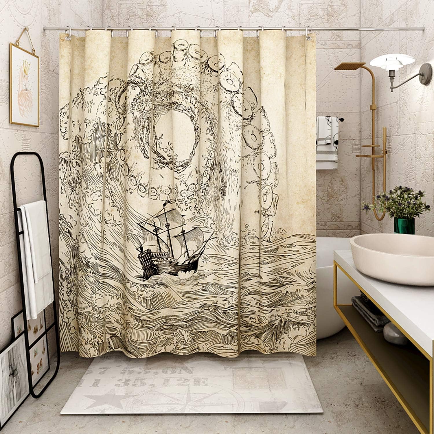 Kraken Shower Curtains Vintage Octopus VODW Kraken Sailboat Ocean Waves