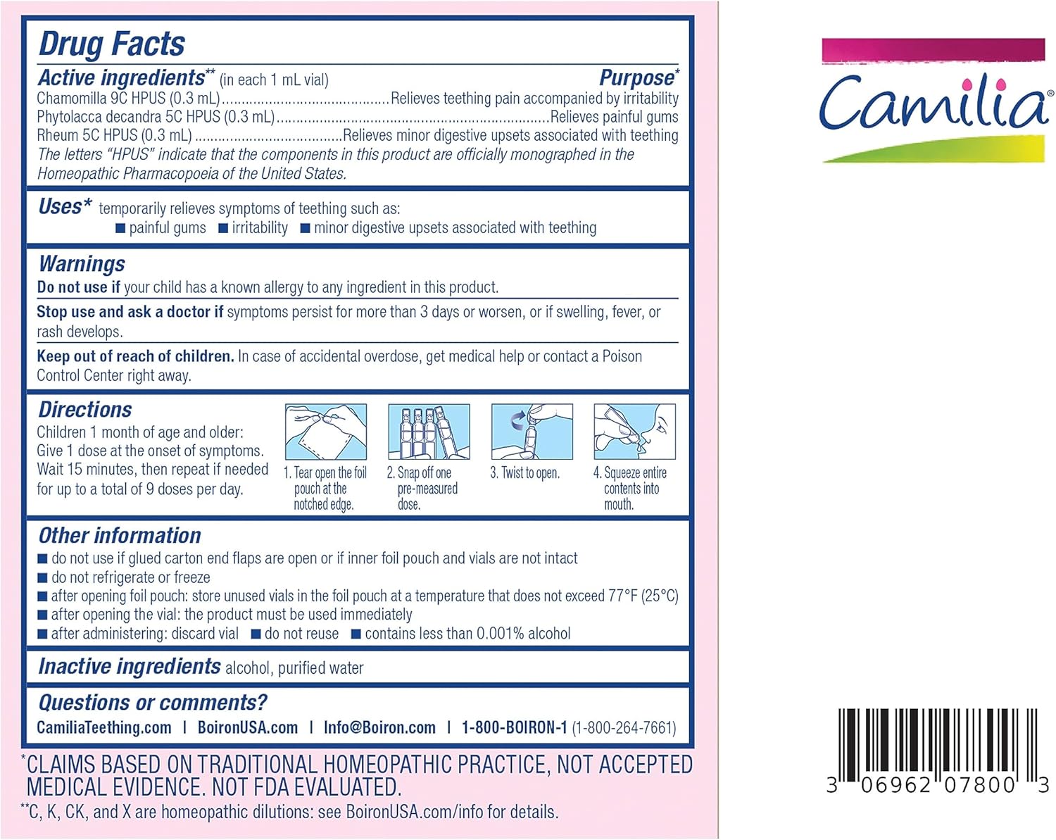 Boiron Camilia Teething Drops for Daytime and Nighttime Relief of Painful or Swollen Gums and Irritability in Babies - 60 Count (Pack of 2)