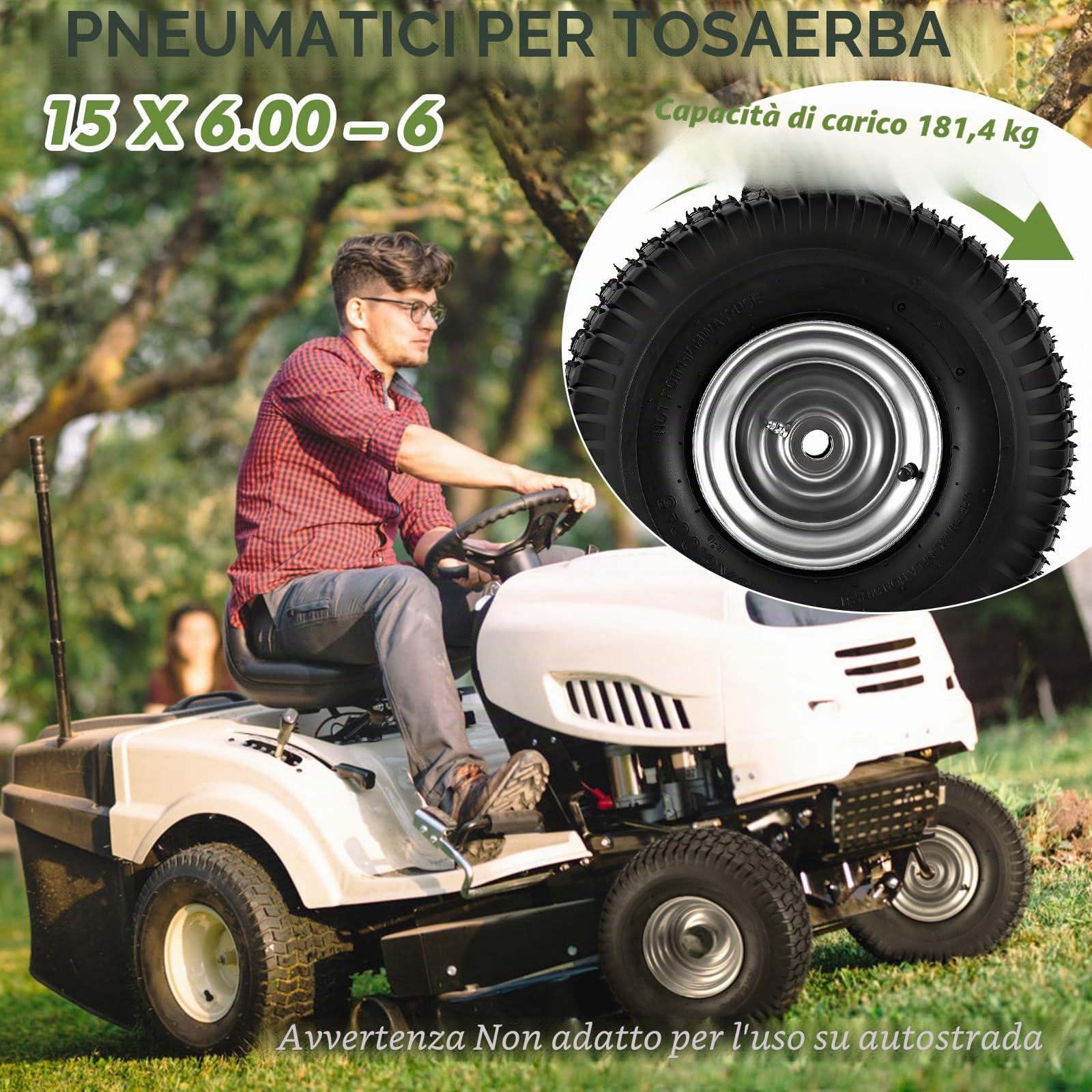 Pneumatici e Ruote Anteriori Tosaerba Confezione da 2, 15 x 6,00 – 6 per John Deere artigiani Husqvarna, 3 pollici foro centrato del mozzo ID 3/4 pollici, gomma naturale, 4 strati con tubo da 400 lbs