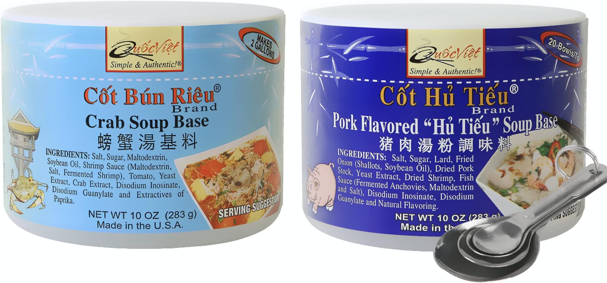 Orchard Hill [Pack of 2][Free Measuring Spoon] Quoc Viet Variety Pack (Pork Flavored 'Hu Tieu + Crab Flavored Soup Base) - 10 Ounces