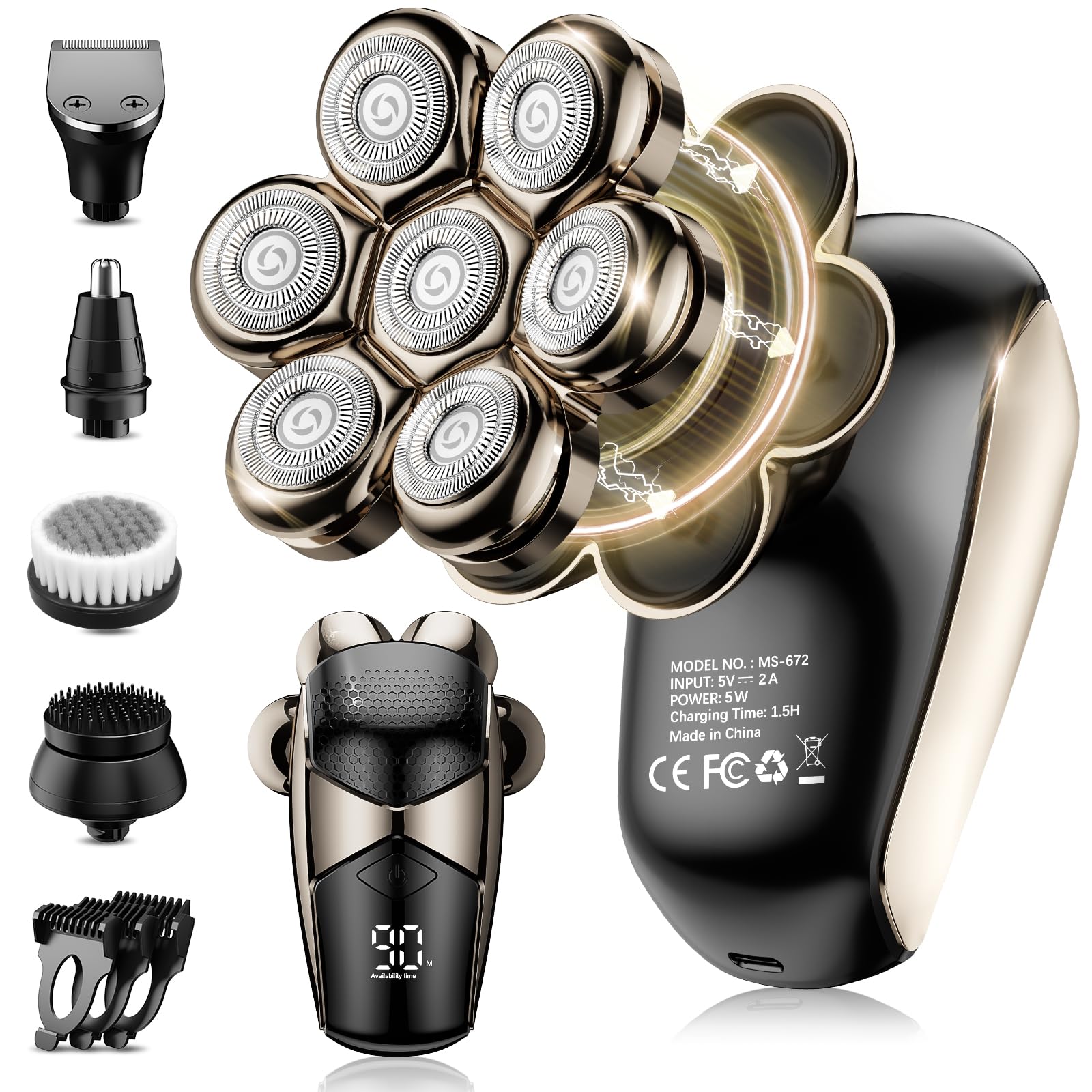 SHPAVVER Head Shavers for Bald Men: 5-in-1 Detachable Electric Bald Razor-IPX7 Waterproof Wet/Dry Shaving-Rechargeable 7D Rotary Shaver Grooming Kit-LED Display & Type-C Charge