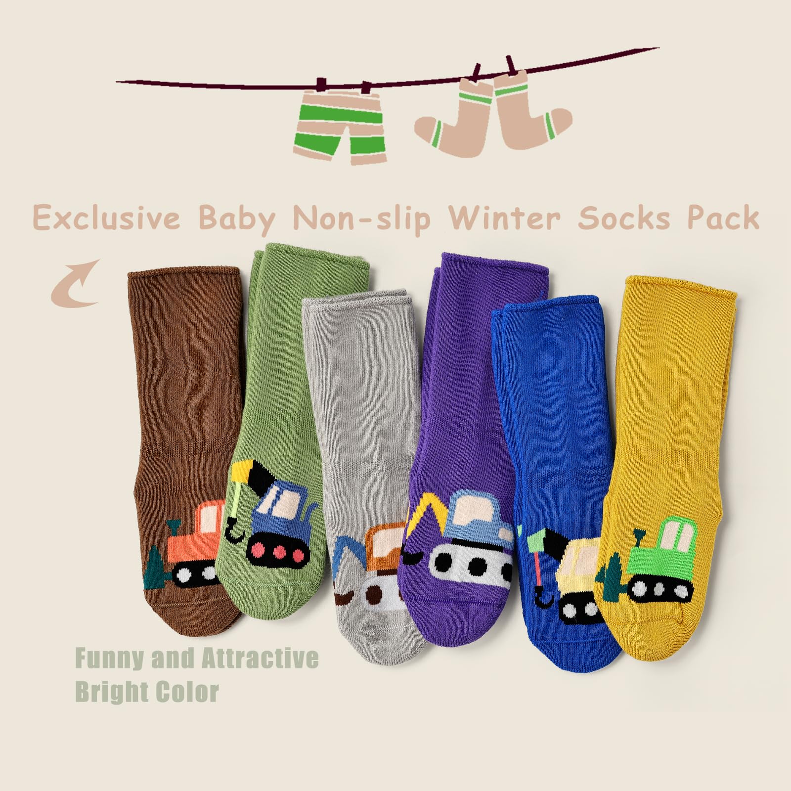Baby Non Slip Socks Thick Baby Winter Warm Socks with Grips for Baby Cotton Socks Multipack 6 Pairs