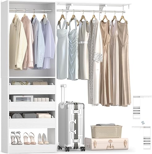 Miniatura 11 de Sistema de armario colgante con 2 cestas de lavandería, sistema organizador de armario de madera con torres y varillas para colgar, se adapta a