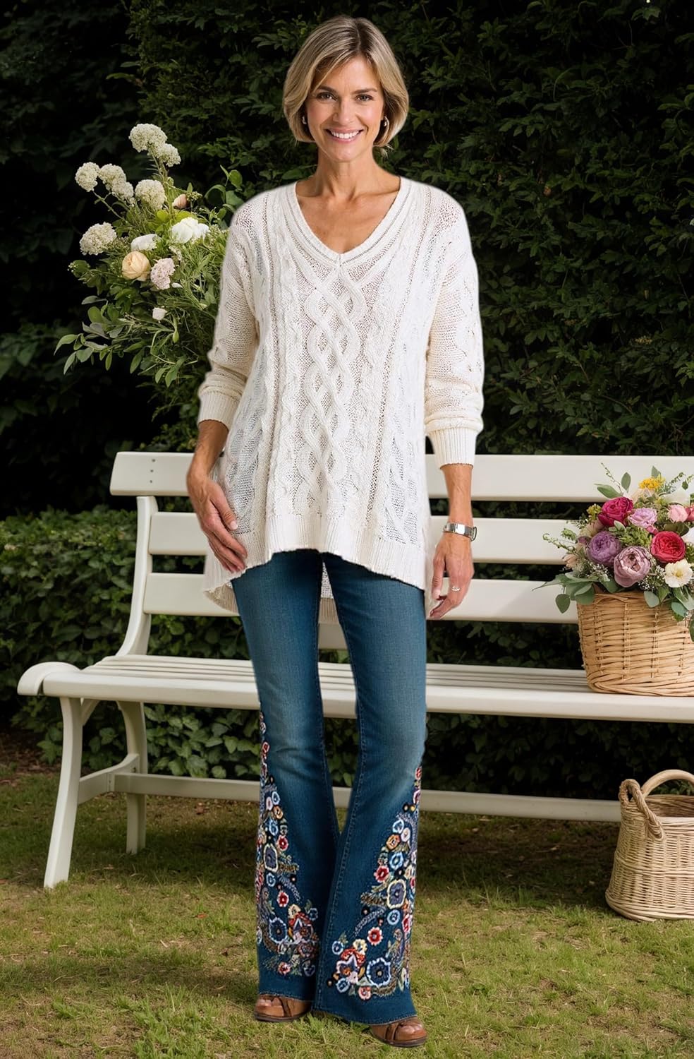 Bell Bottom Jeans for Women Flared Floral Embroidered Jean Wide Leg Denim Pants Mid Rise Vintage Bootcut Trousers - Image 3