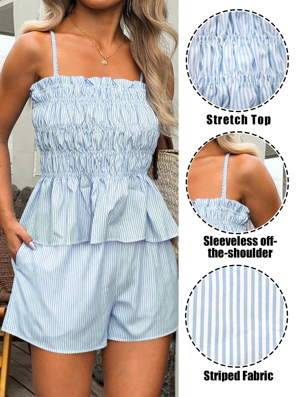 Conjunto Verano Mujer de 2 Piezas Top Tirantes y Pantalones Cortos a Rayas Elegante Camiseta Bandeau Elástico