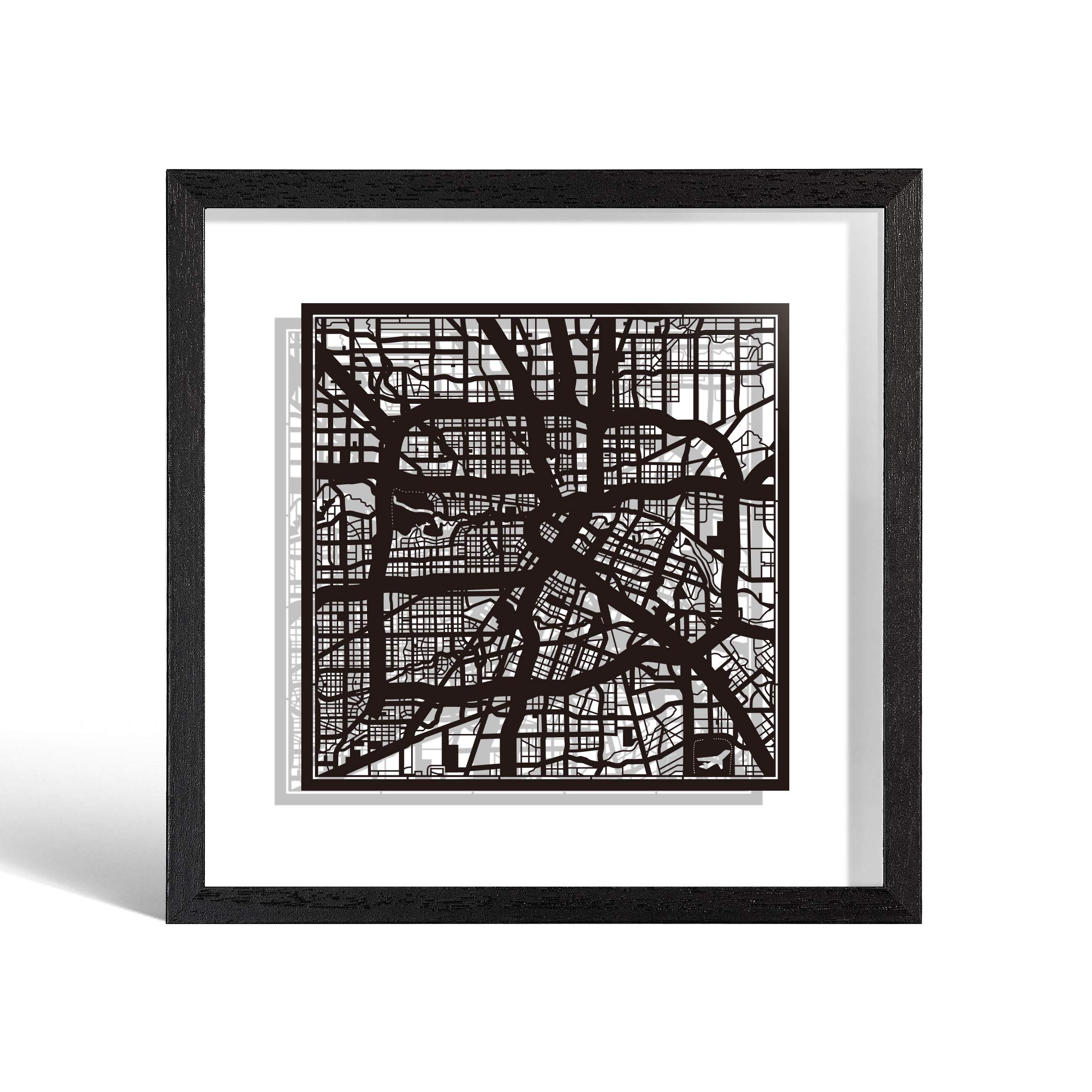 O3 DESIGN STUDIO Houston Paper Cut Map framed, Black map, Black frame, 9x9 inches, Gift Boxed, 2 background color, self-changing, Paper Art