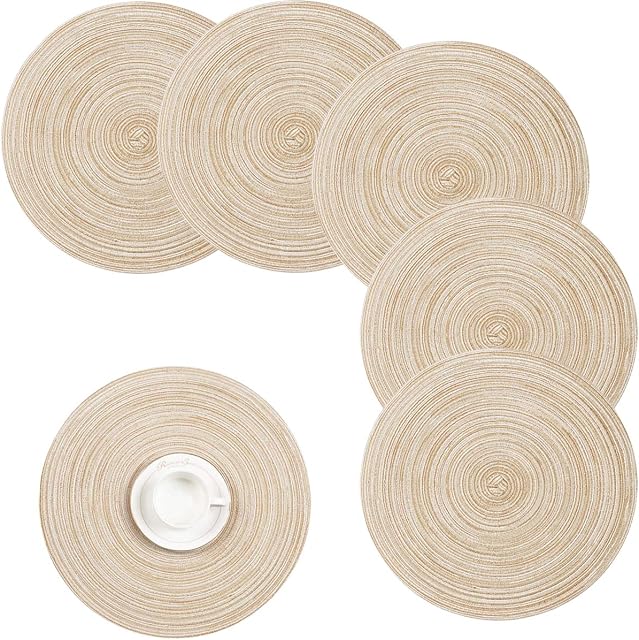 Pauwer 38cm Woven Round Placemats Heat Insulation Non Slip Braided Cotton Dinner Table Mats (Beige, Set of 6)