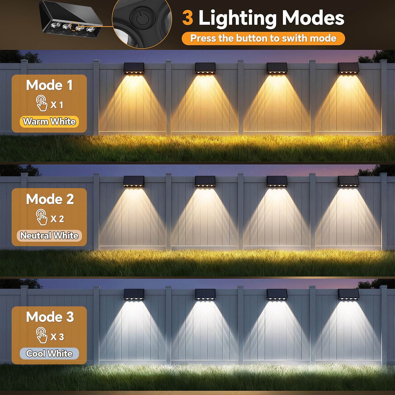 Luci solari per recinzioni da esterno, 4 LED più grandi e più luminose con 3 modalità, lampade solari impermeabili IP65 per esterni, terrazzo, cortile