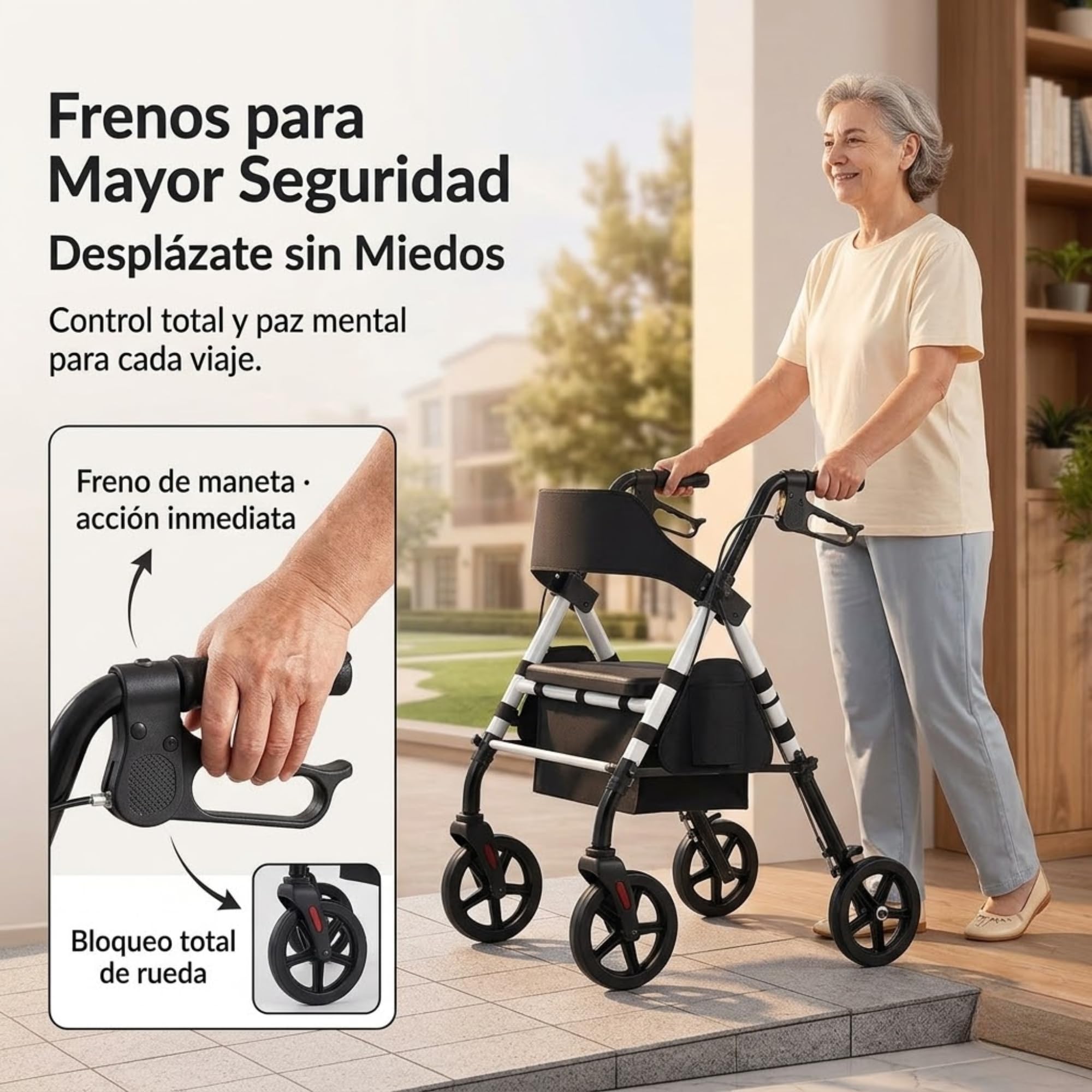 Andador para Ancianos Plegable con Asiento Acolchado, Frenos de Maneta y Cesta – Ligero, Resistente y Seguro con 4 Ruedas Giratorias – Ideal para Personas Mayores, Interior o Exterior