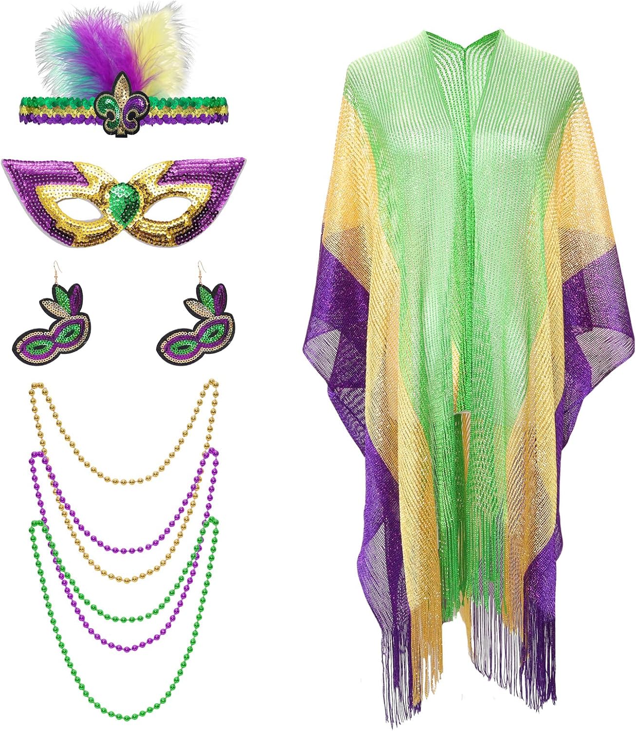 Mardi Gras Shawl Scarf Costume Accessories Set for Women: Mardi Gras Shawl, Feather Headband, Eye Patch, Necklace, Earrings - Adult Women, Party-Goers, Celebration Enthusiasts
