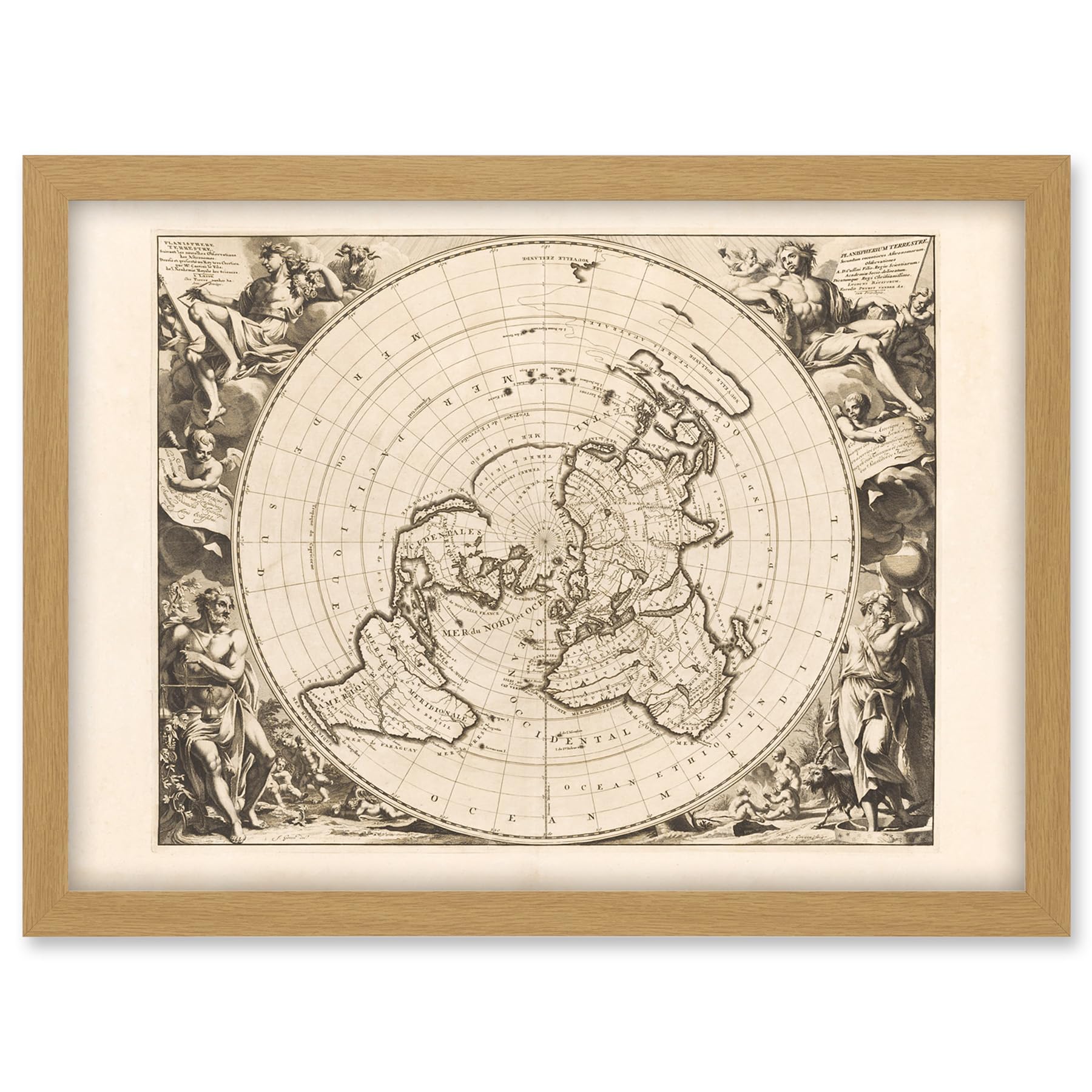 Artery8 Jacques Cassini Flat Earth Map 1713 Sepia Colour Terrestrial Planisphere According to Astronomers New Observations Decorative World Polar Projection Artwork Framed A3 Wall Art Print