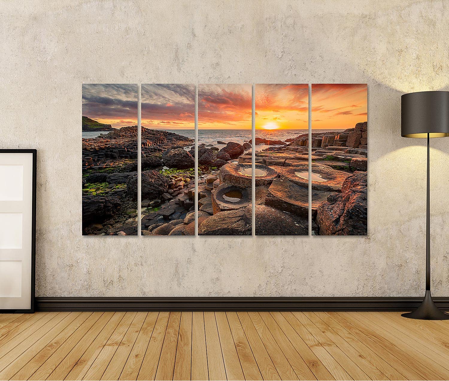islandburner cuadro sobre lienzo Puesta de sol sobre columnas de basalto gigante S Calzada UNESCO Cultura del Mundo Imágenes Murales Póster