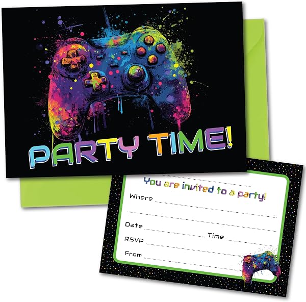 PartiKraft (Pack of 15) Bright Gamer Gaming Controller Birthday Party Invitations - Made in the UK (Invitations Only - No Envelopes) - 5