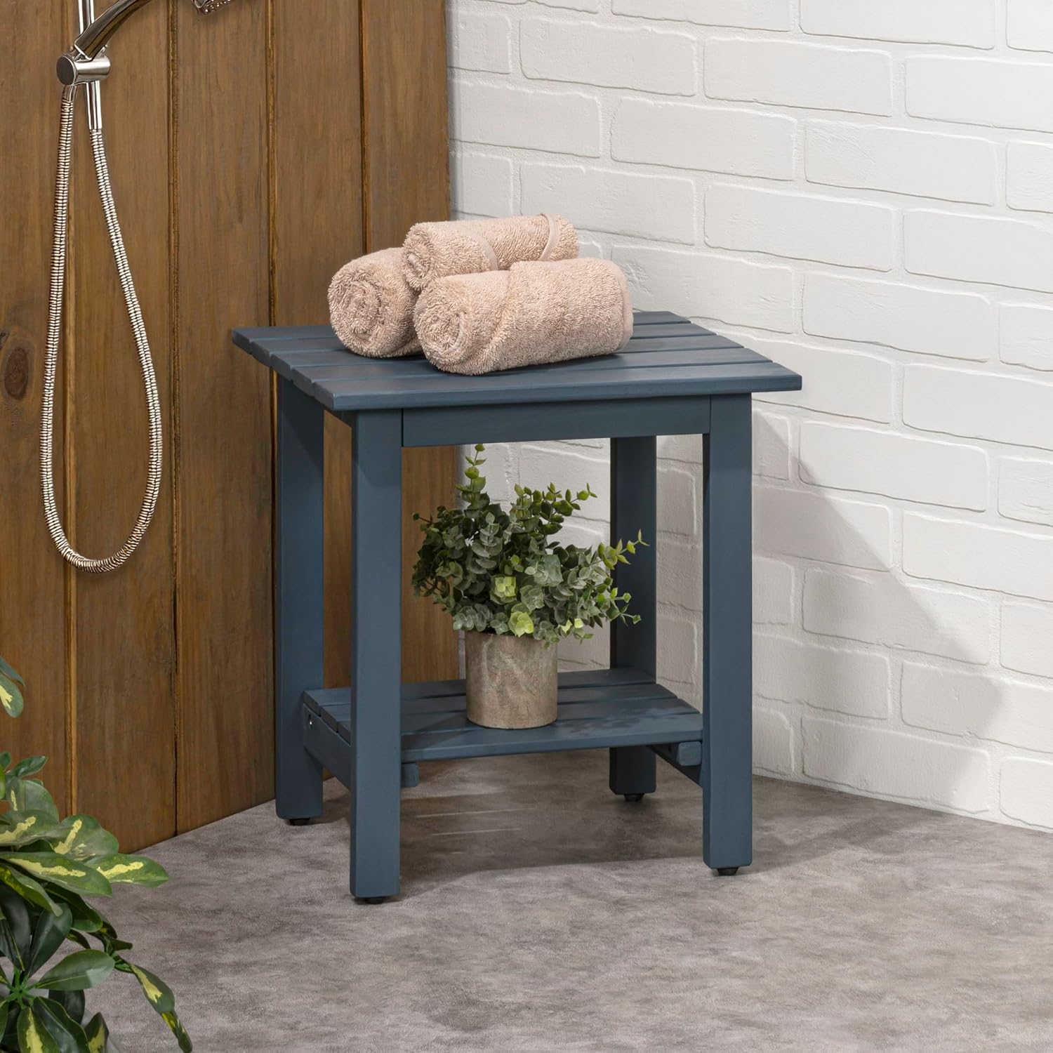 JONATHAN Y Kellie 16" Modern Nautical Blue Acacia Wood Outdoor Side Table with 2-Tier Storage, Weather-Resistant Rectangular Slatted End Table for Patio, Garden, Deck, and Porch END6001N
