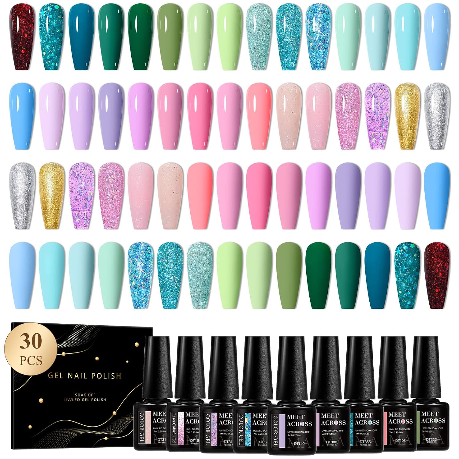 MEET ACROSS Gel Nail Polish Set Glitter Gel Polish Blue Pink Purple Soak Off UV/LED Manicure Kit Gift for Women Girls 30 Colors