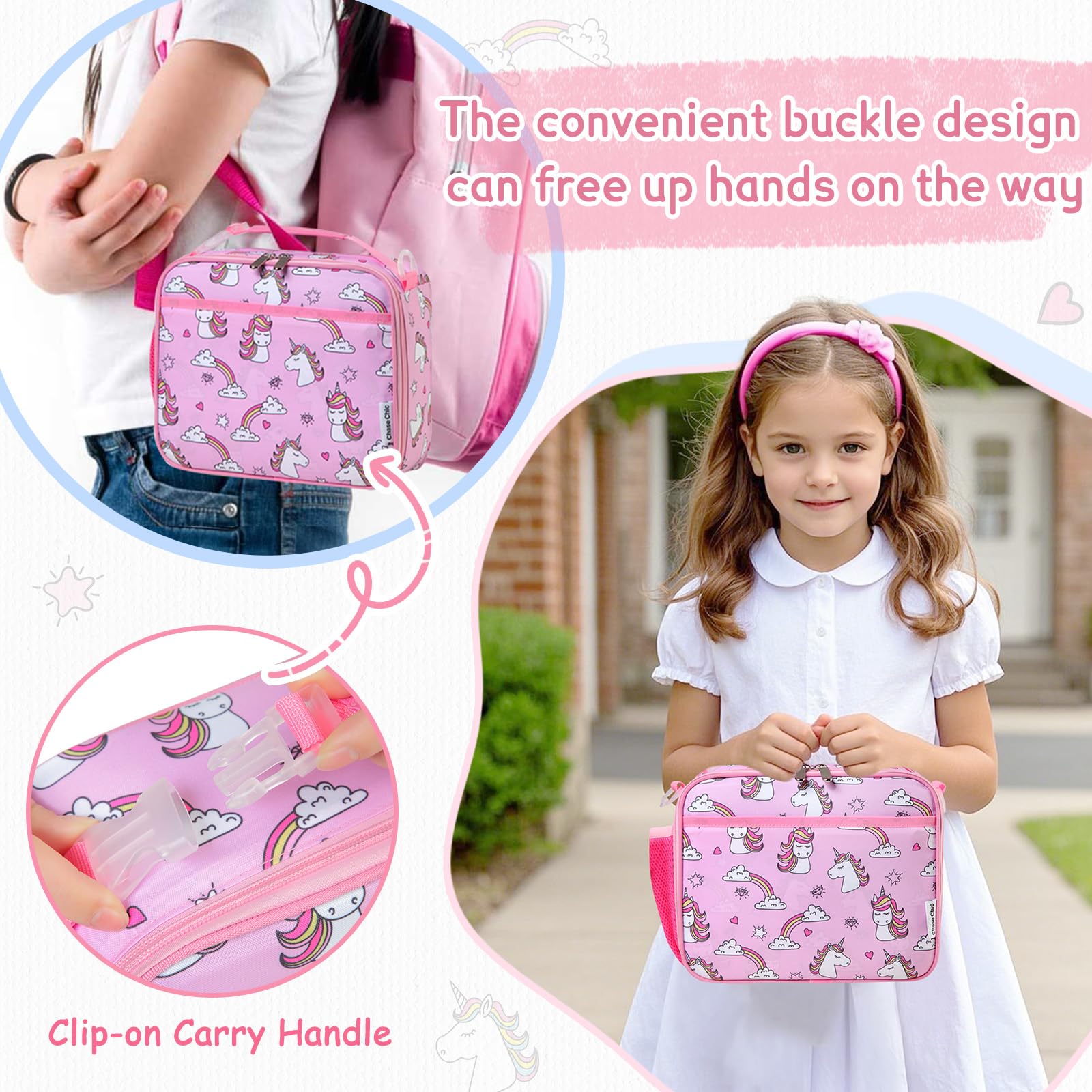 Chase Chic Borsa Termica Bambini, Ragazze Bambino Resistente All'acqua Portapranzo Bambini Scuola 5.8L Borsa Frigo Piccola Bambini per Primaria Viaggi Studenti 3-8 Anni, Unicorno Rosa