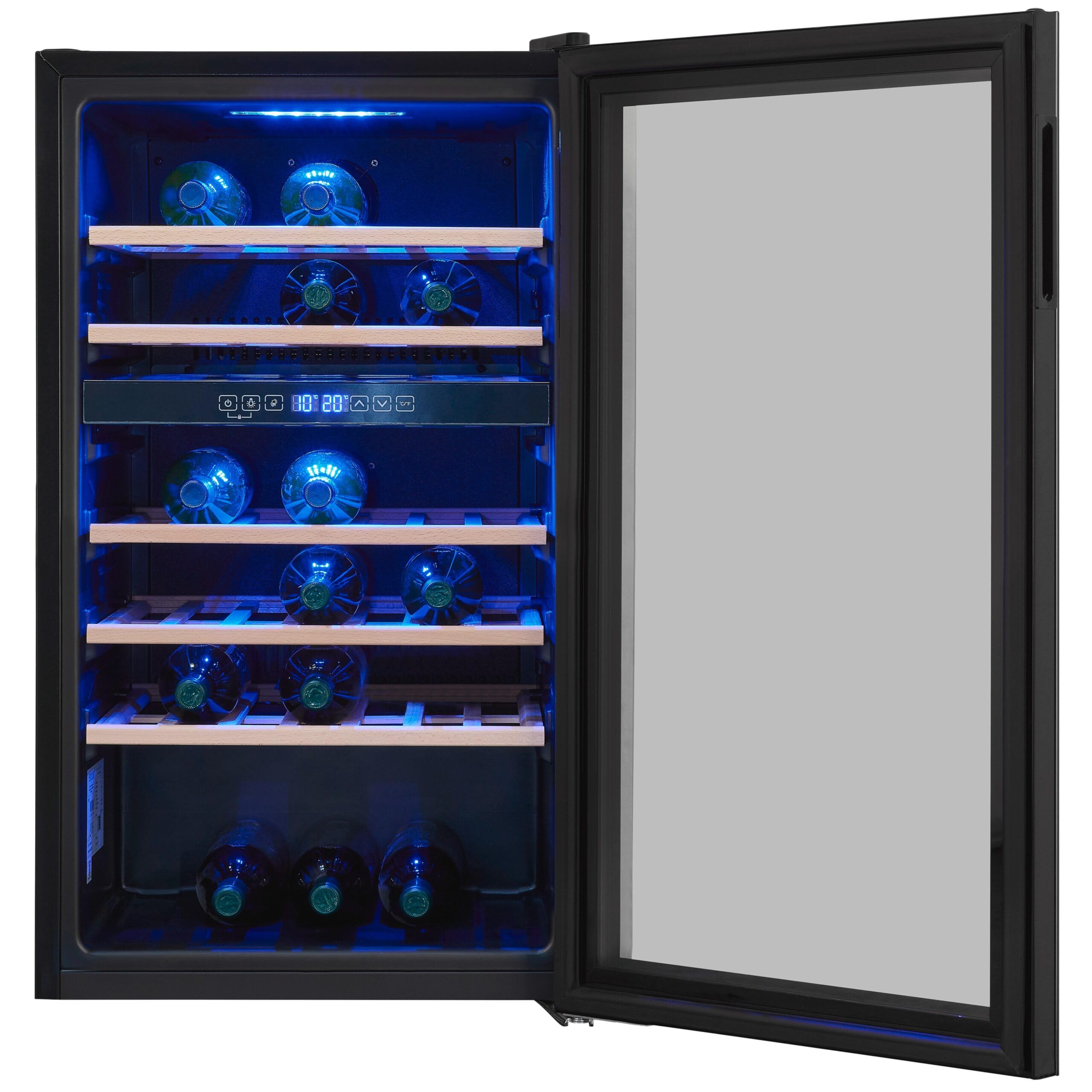 Exquisit® Vinoteca para 45 Botellas, 119L, Negro, Clase G, Dos Zonas de Temperatura 5-20°C, Control Digital LCD, Puerta Reversible de Cristal, Iluminación LED, Medidas (86,5 x 49,0 x 58,0 cm).